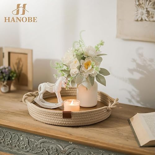 Miniatura 2 de Hanobe Bandeja decorativa para mesa de café juego de bandejas redondas para sala de estar, otomana, bohemio, cesta de cuerda con placa de madera,