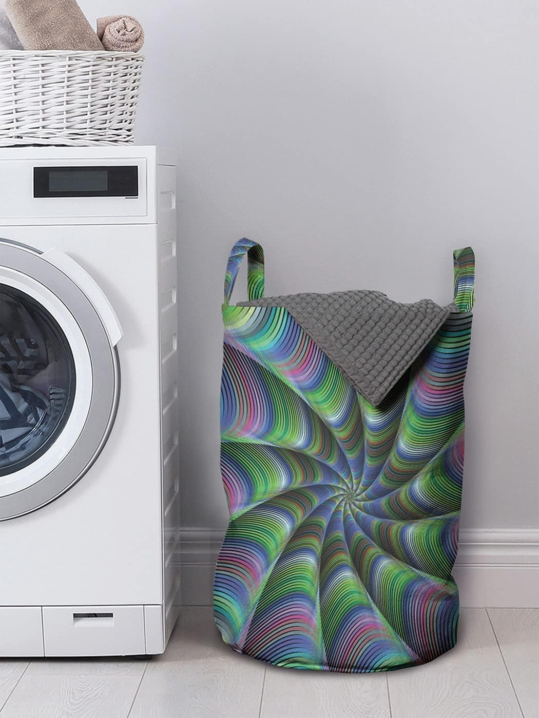 Ambesonne Fractal Laundry Bag, Psychedelic Tentacles Converging into Flower Form Infinity Spinning Focus Design, Hamper Basket with Handle Drawstring Closure for Laundromats, 13" x 19", Green Purple