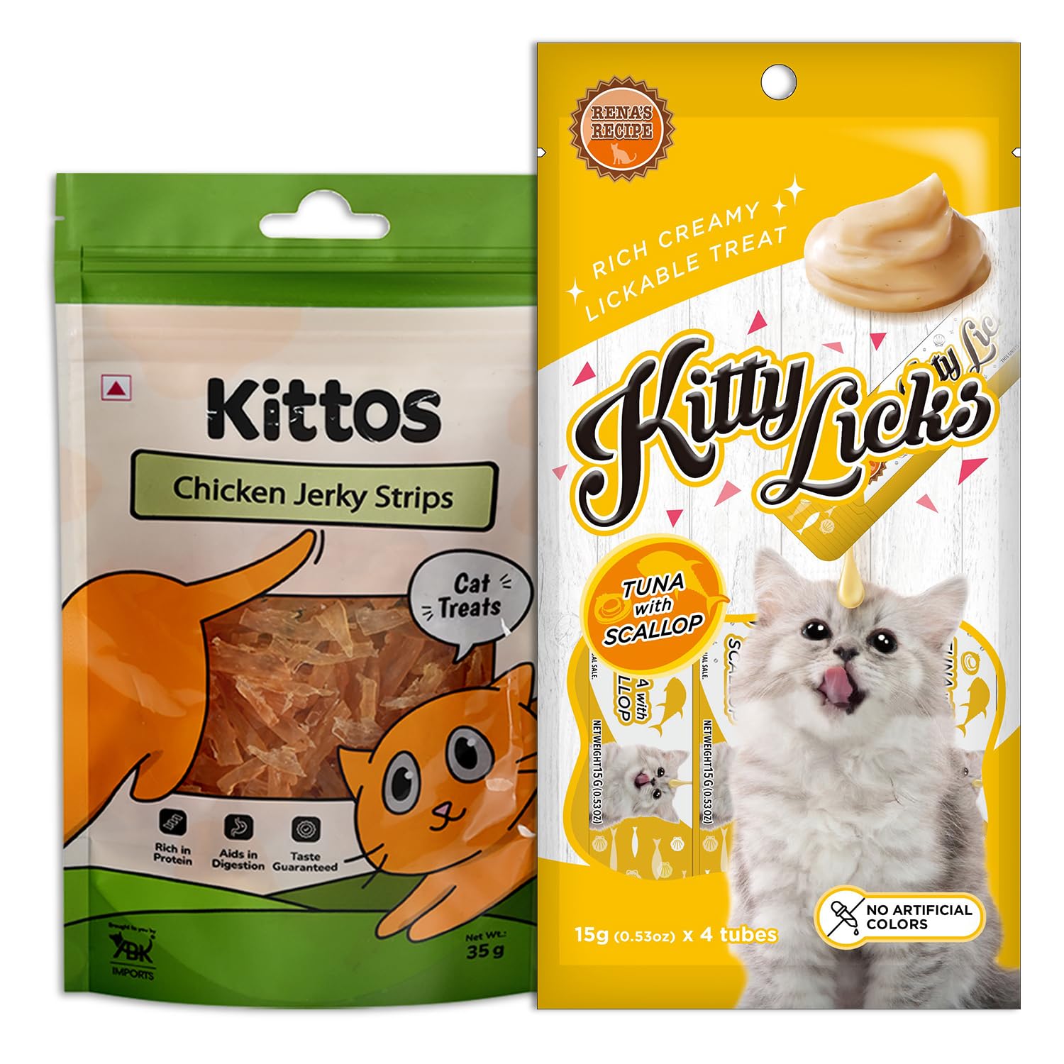 Cat Treats Combo: Kittos Chicken Jerky Strips, 35g and Kitty Licks Tuna & Scallop Flavor lickable Snacks for Kittens (15gx4Tubes) (B0CDPF62CW) Amazon Price History, Amazon Price Tracker