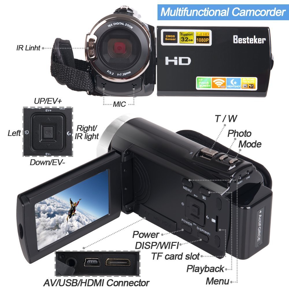 Besteker Video Camcorder, Portable HD 1080p IR Night Vision with