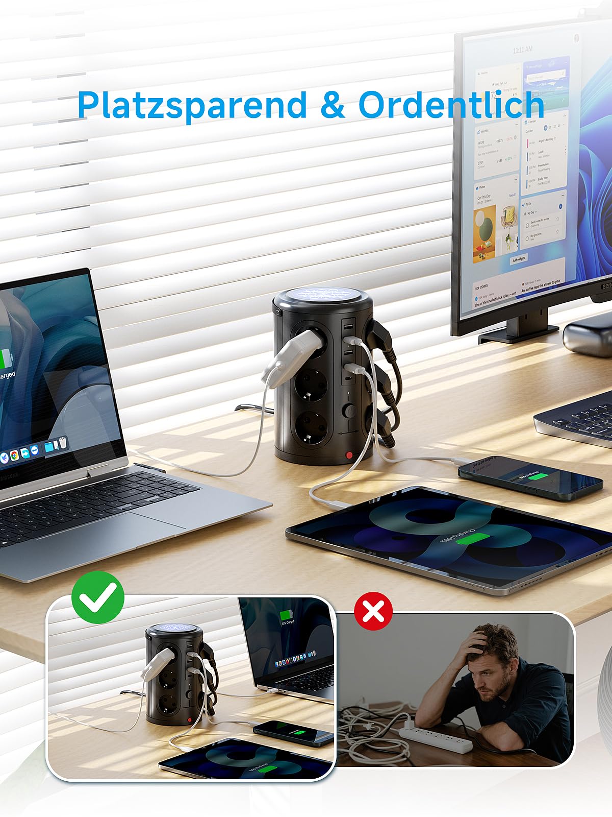 Mehrfachsteckdose mit 5 USB, 12 Fach Steckdosenleiste mit Schaltbar Überspannungsschutz, 5M Verlängerungskabel Steckdosenturm Mehrfachstecker für Zuhause, Büro Schwarz