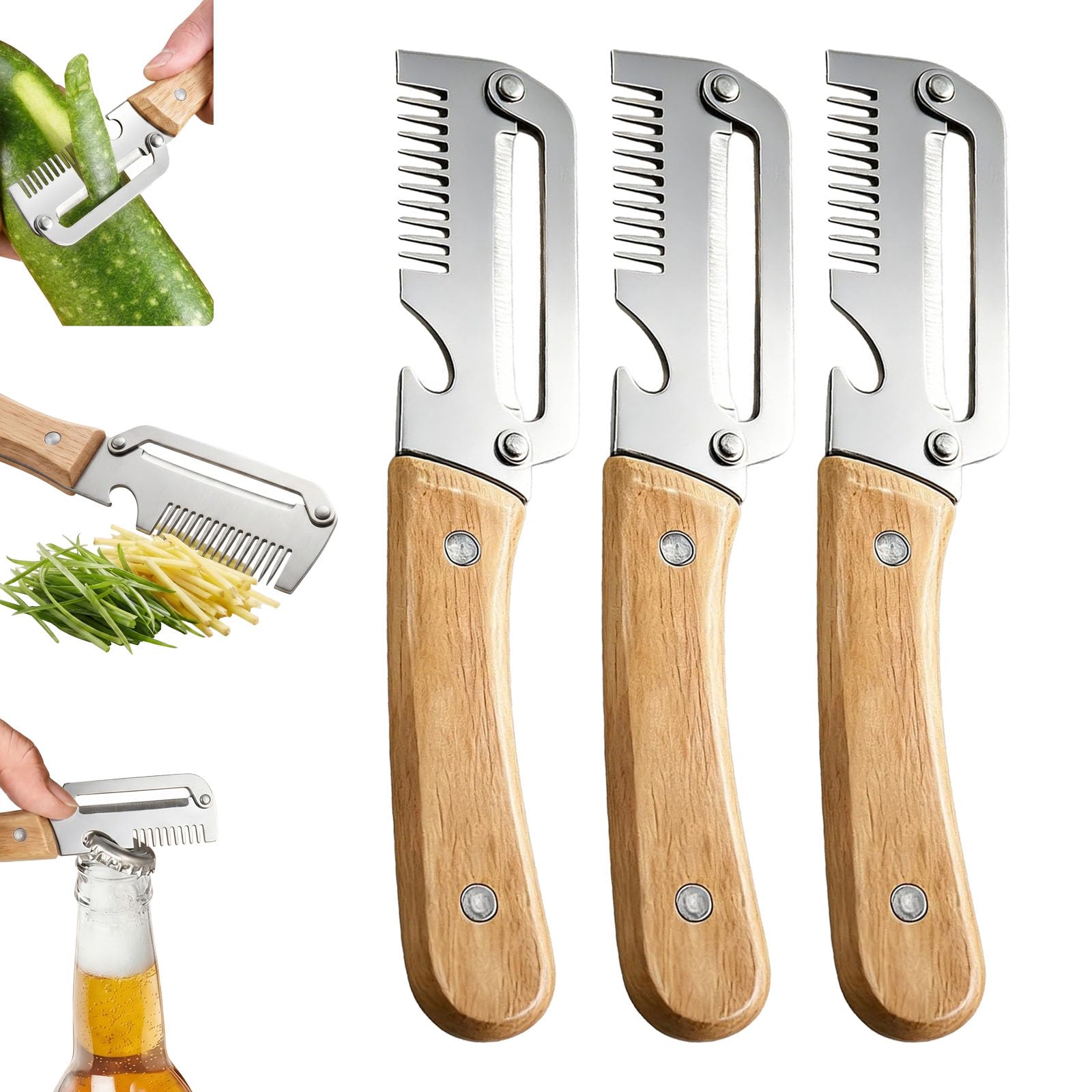 3-in-1 Multifunctional Vegetable Peeler, Upgrade Zero Snag Wooden Kitchen Tool, Stainless Steel Peeler with Wooden Handle for Shredding, Opening Bottles, Vegetables, and Fruits (2 pcs) — view 9