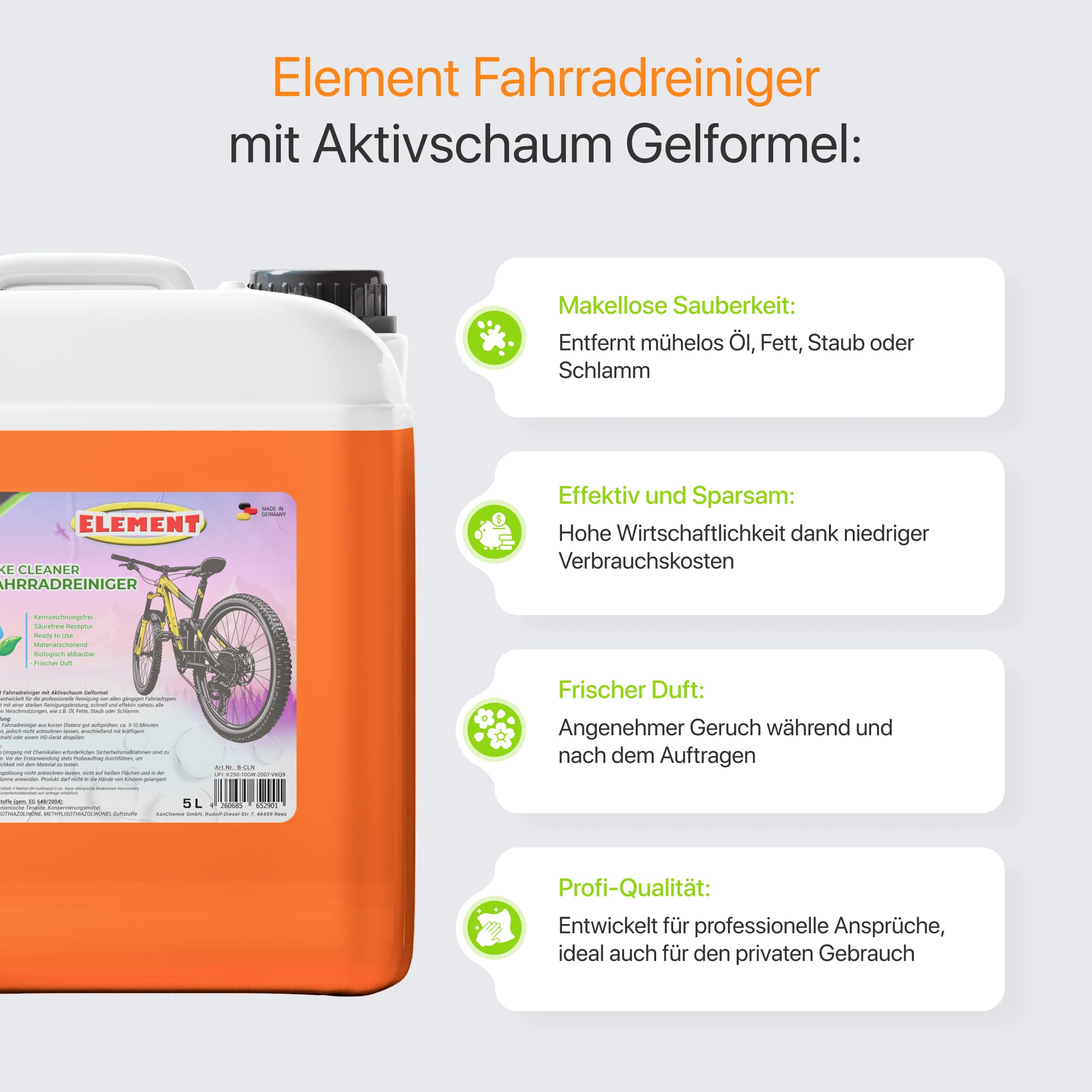 Element Fahrradreiniger I Bike Cleaner I 5 Liter I für alle Oberflächen I Fahrradpflege 5 L I Premium Reiniger für Fahrrad & E bike