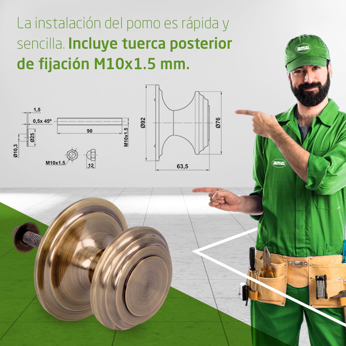 Amig - Pomo de Puerta - Fabricado en Latón - Tirador: Ø76 mm - Cuero -Macizo - Resistente al Frotamiento, Óxido y Corrosión
