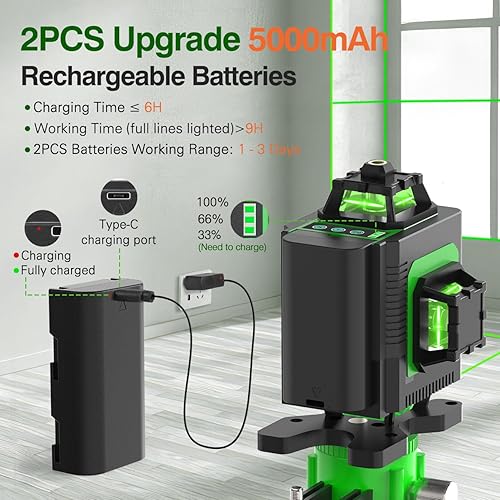 Miniatura 2 de Nivel láser, láser de línea cruzada 4D 4D de 4 x 360  para construcción y colgar imágenes, 130 pies, 16 niveles láser verde 360 autonivelantes con