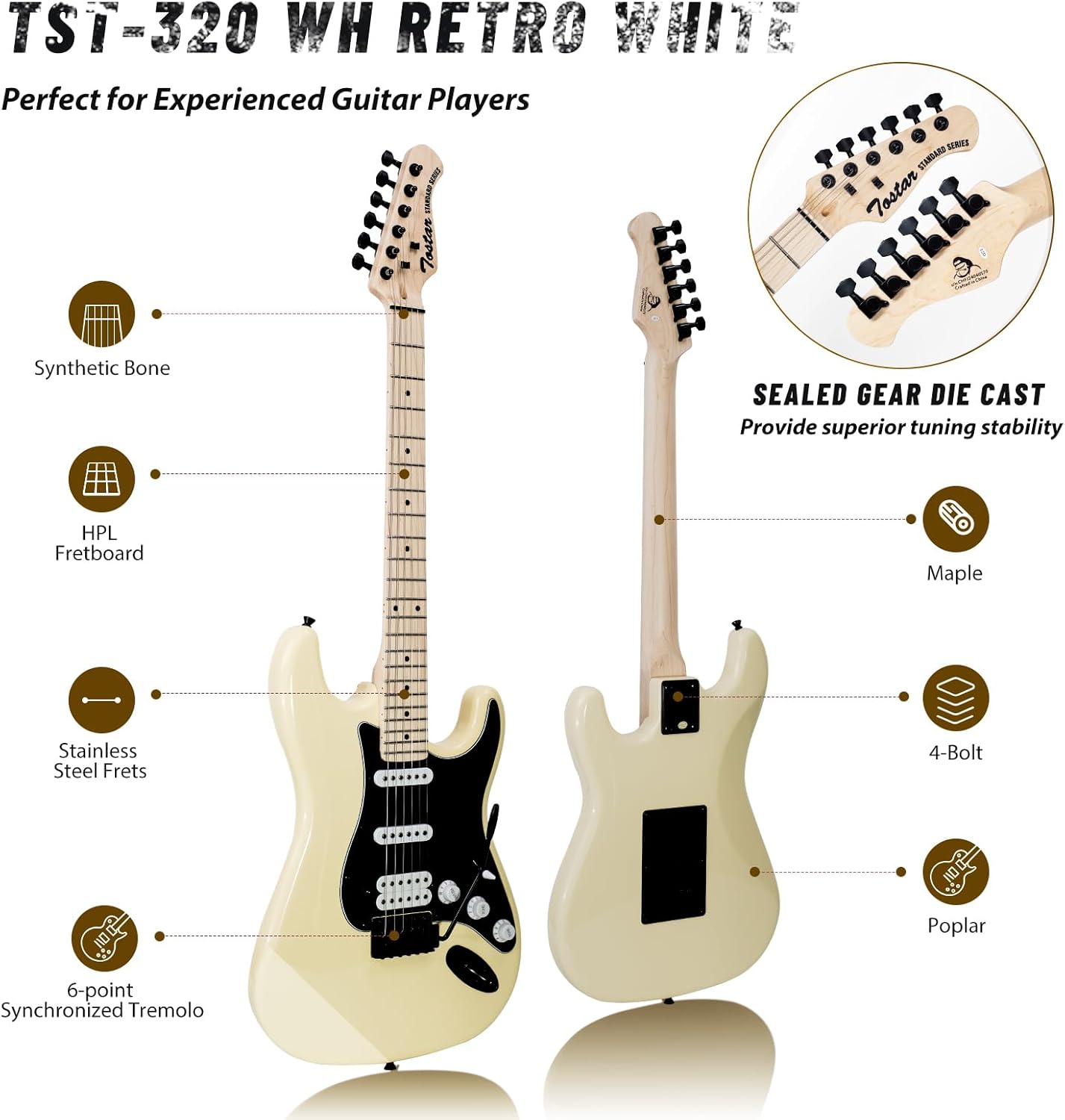 Tostar Electric Guitar Kit for Beginners 6 String with Amp HSS Pickup Beginner Guitar with Gig Bag,Capo,Tremolo,Tuner, Strap, Picks Full Size Electric Guitars 39" for Gifts Vintage White