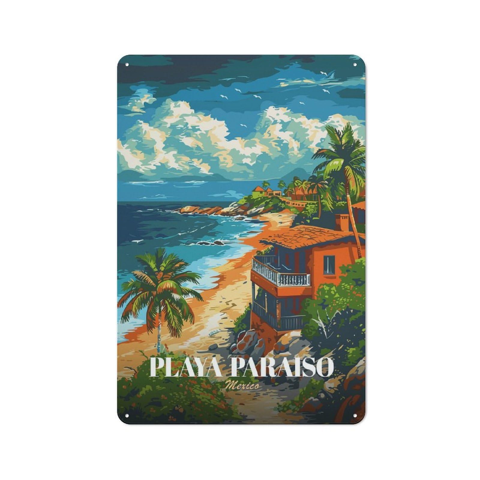 Playa Paraiso Mexico Travel Poster Art Vintage Metal Plaque 30x20cm for Hobby Room Or Studio, Suited to Hobby Room Decor Fans