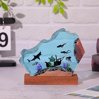 Ocean Creative Epoxy Resin Wood Multicolor Light Lamp, Handmade Wave Shape Deep Aquatic Ocean Lamp Sea Diver Cave Diving Led Night Light Decor Christmas Birthday Gift for Men Dad White Shark, S