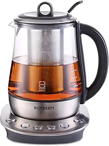 BUYDEEM K2423 Tea Maker, 316 Stainless Steel & Heat Resistant DURAN Glass Electric Kettle, Removable Infuser, Auto Keep Warm, 1.2L