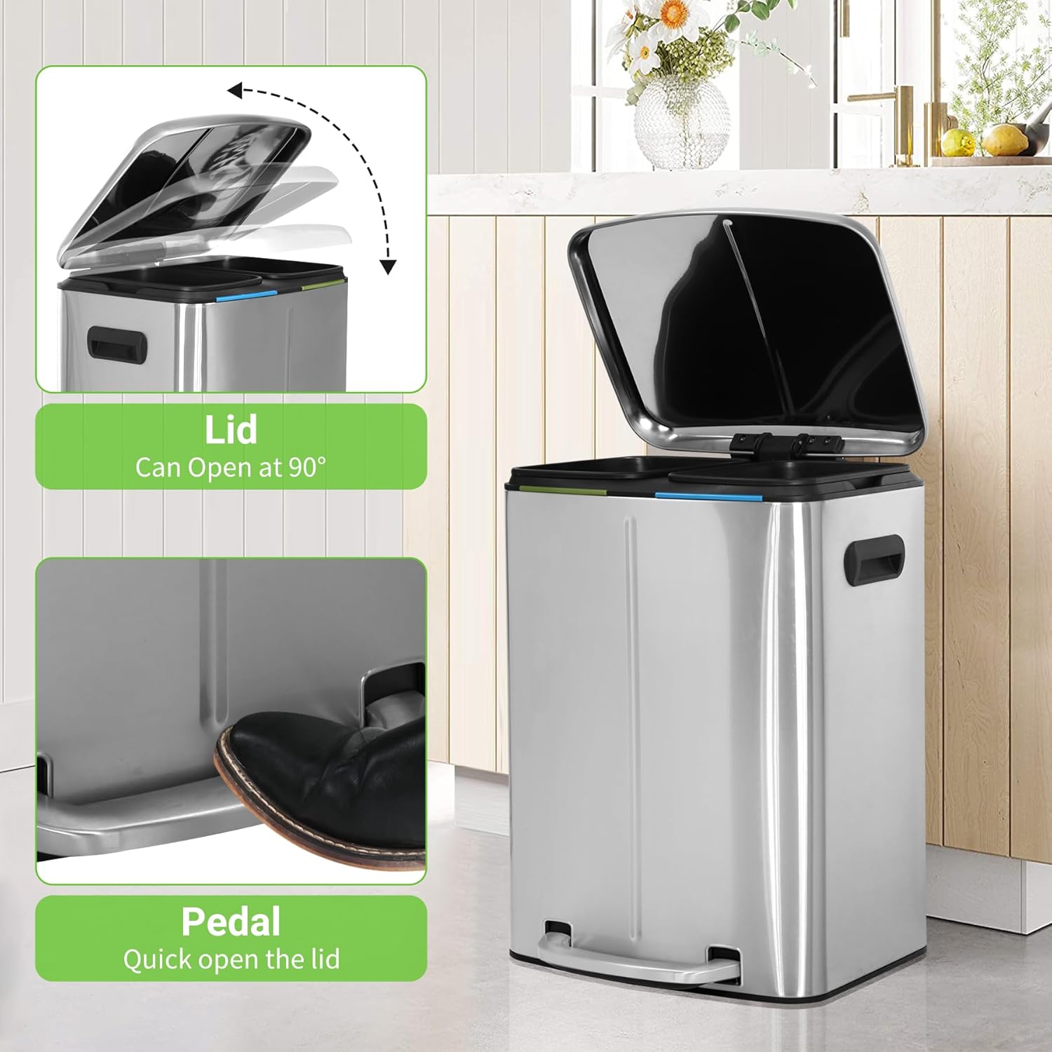 BLKMTY 10 Gallon Trash Can 45L Dual Trash Can Kitchen Stainless Steel Garbage Can Pedal Recycle Bins with Lid Inner Bucket Rubbish Bin for Home Office Garbage Container, Sliver