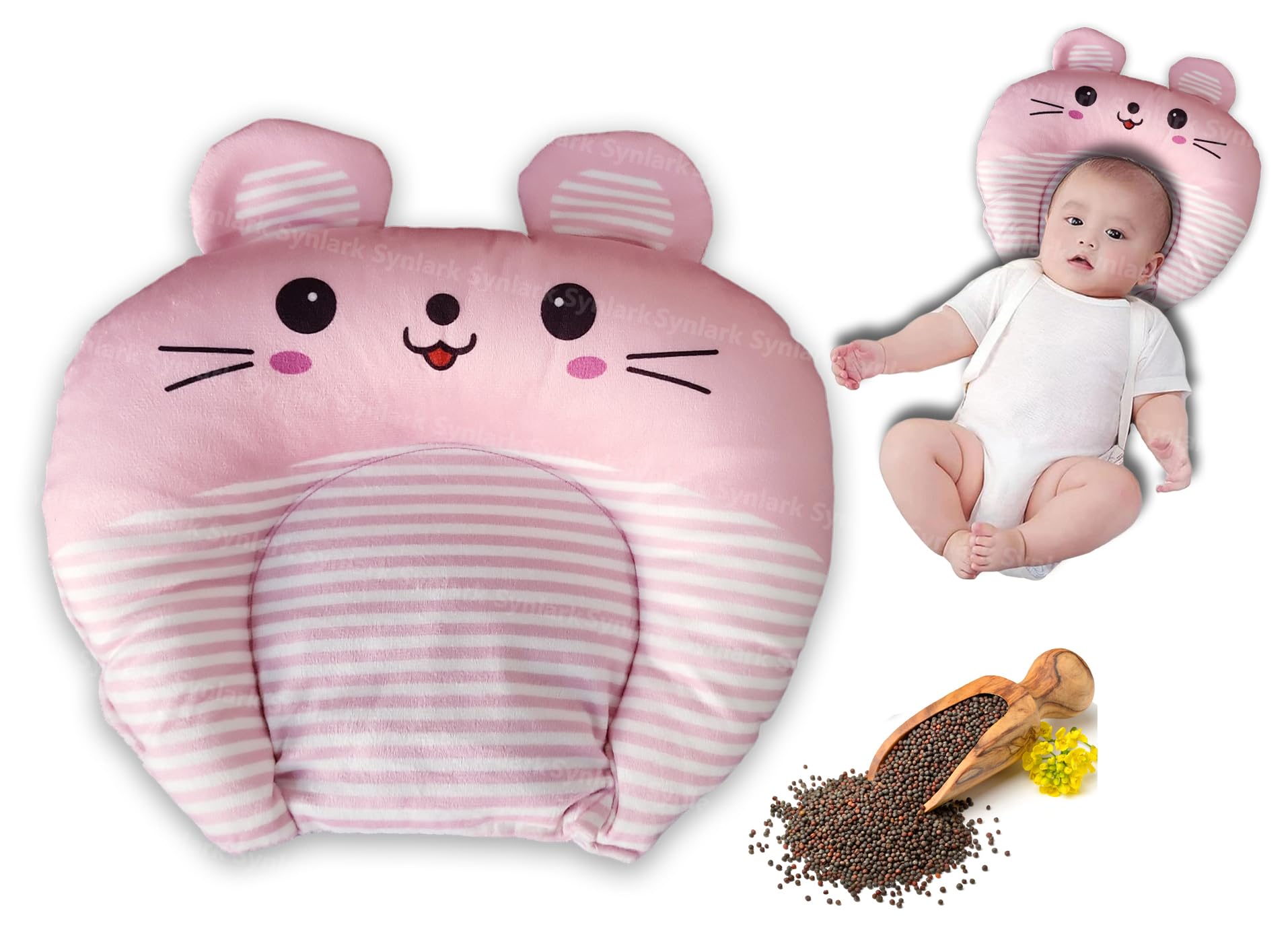 Synlark® Rai Baby Mustard Seed Pillow with Supersoft Fur Fabric | 0 Month-18 Months Kids Pillows | Cartoon Prints| Infant Rai Pillow for Sleep Bed Set | Head Shaping Neck Support Cusion (Pink)-image-31