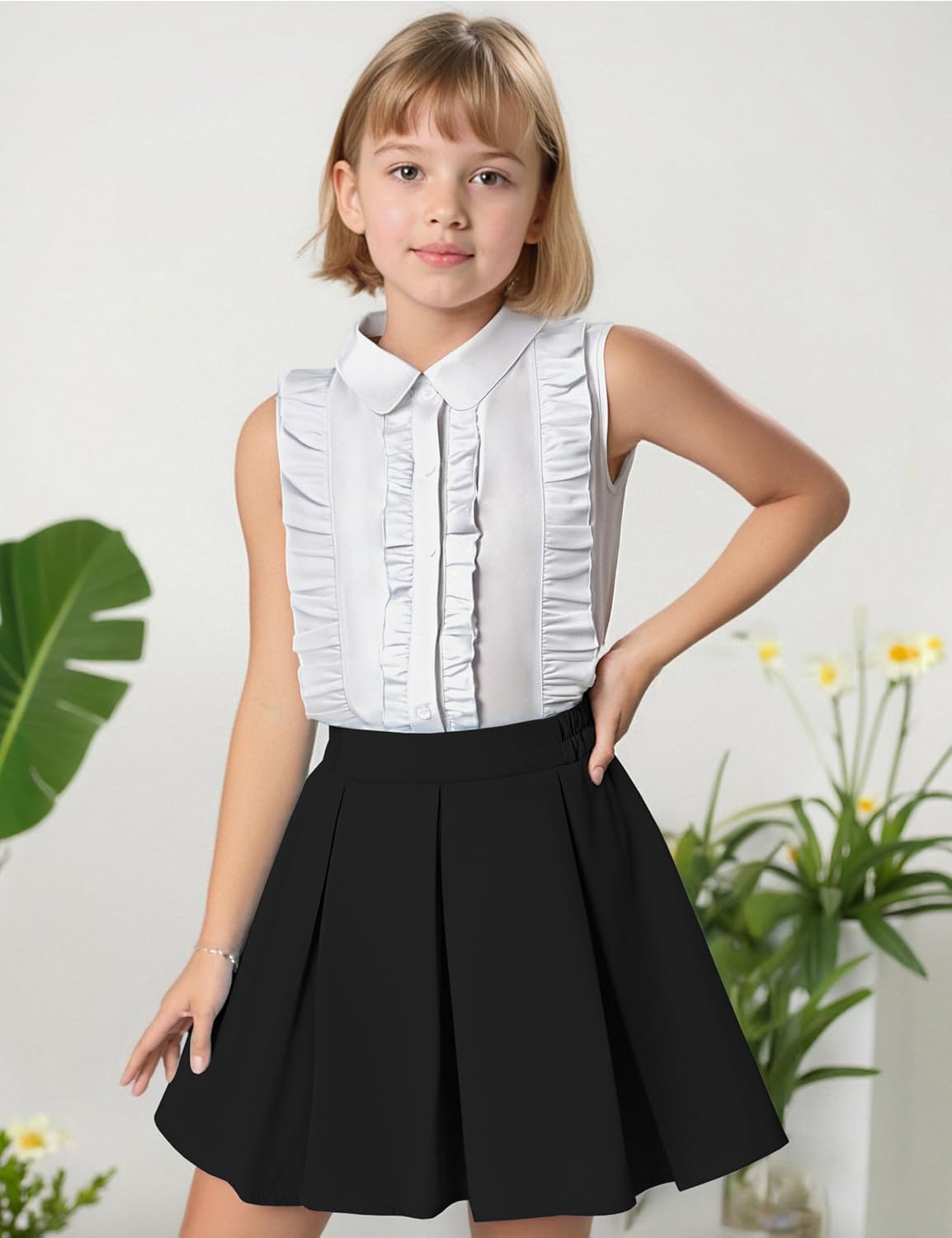 Girls Two Piece Outfits Sleeveless Peter Pan Collar Ruffle White Button Down Shirts and Pleated Skirt Set
