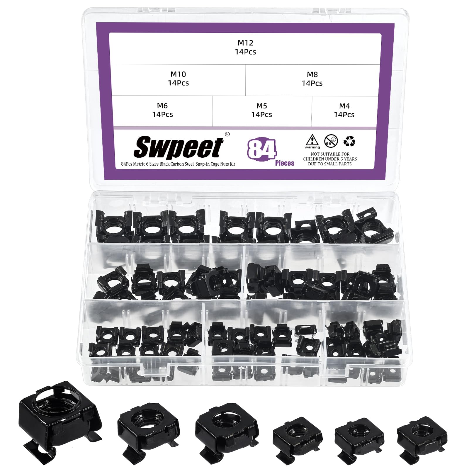 Swpeet 84Pcs 6 Sizes M4 M5 M6 M8 M10 M12 Black Zinc Plated Carbon Steel Snap-in Cage Nuts, Square Cage Nut, Rack Rail Retainer Nuts, Server Shelf Cabinets Rack Mount Cage Nuts, Clip-On Computer Nuts