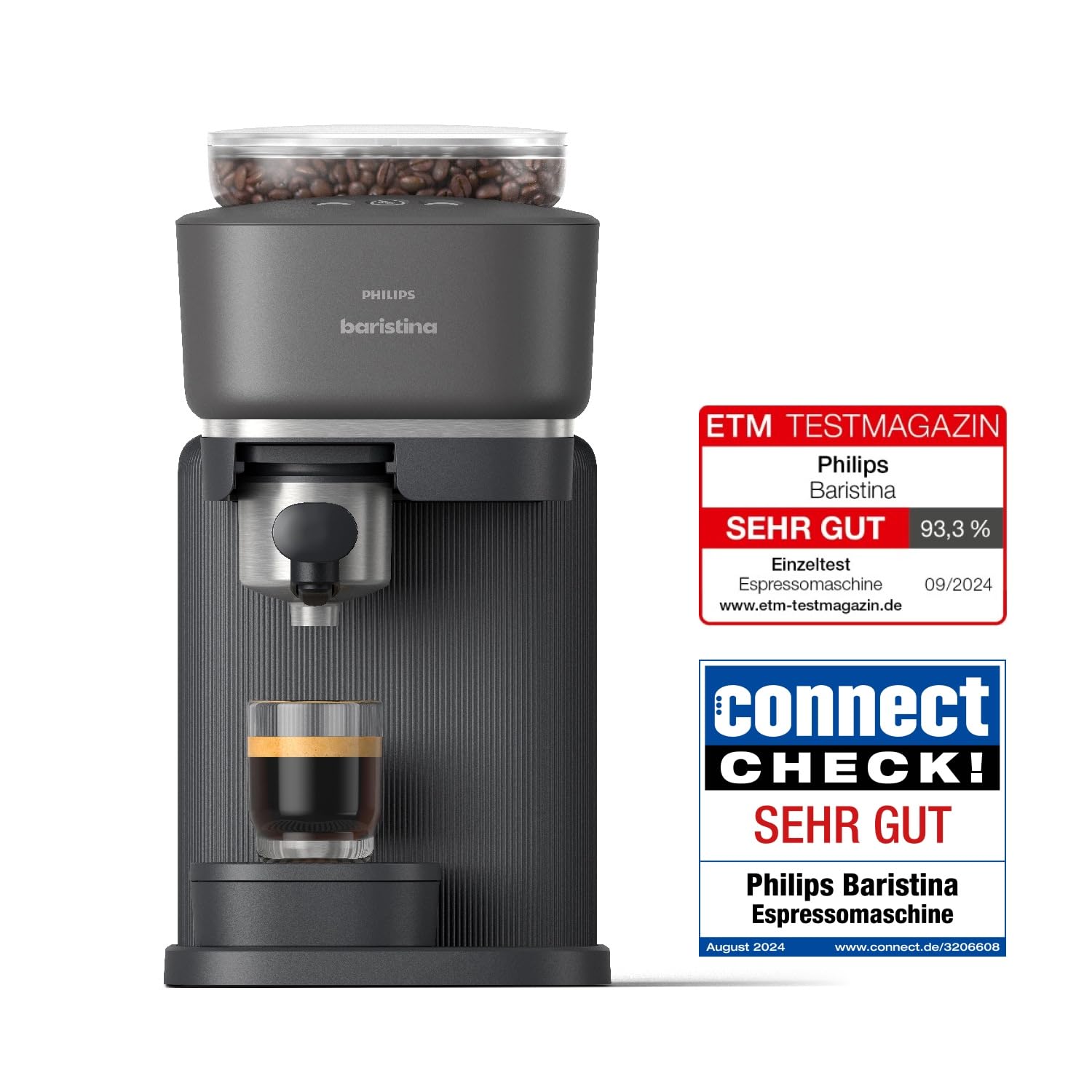 PHILIPS Baristina Espressomaschine und Milchaufschäumer Paket – Automatisches Mahlen, Tampen & Brühen, 16 Bar, Kaffeemaschine mit Mahlwerk & Siebträger, leichte Reinigung, Schwarzgrau (BAR303/60)