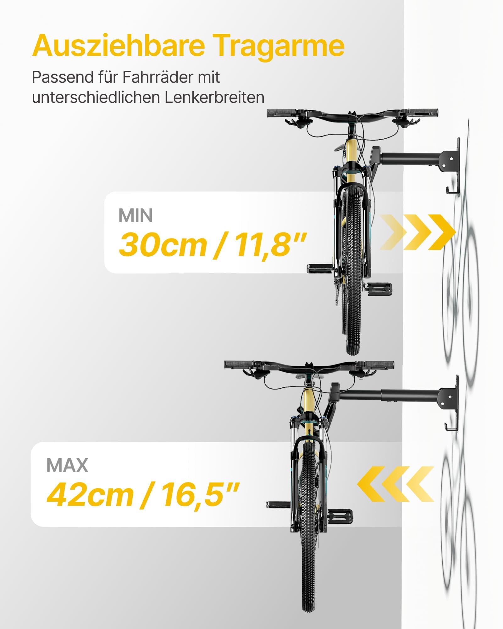monTEK Fahrrad Wandhalterung, Winkel und Wandabstand einstellbar, Fahrradhalterung Wand Klappbar 30kg Tragfähigkeit, Ausziehbar Fahrradaufbewahrung mit Helmhaken für Garage, 1 Stück