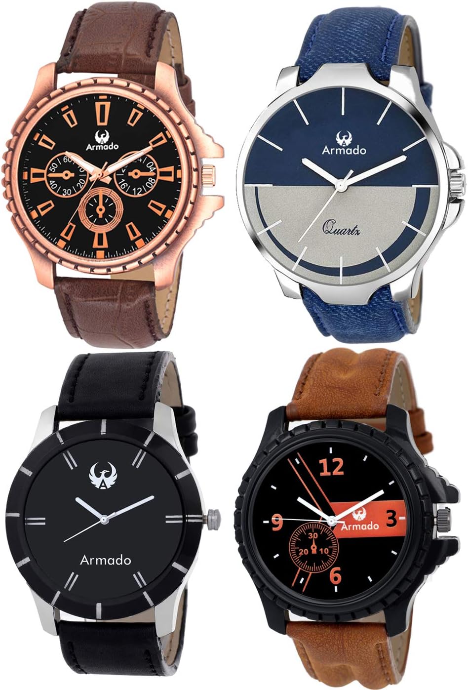 Armado Analogue Men's Watch (Multicolour Dial Brown, Blue, Tan & Black Colored Strap) (Pack of 4)