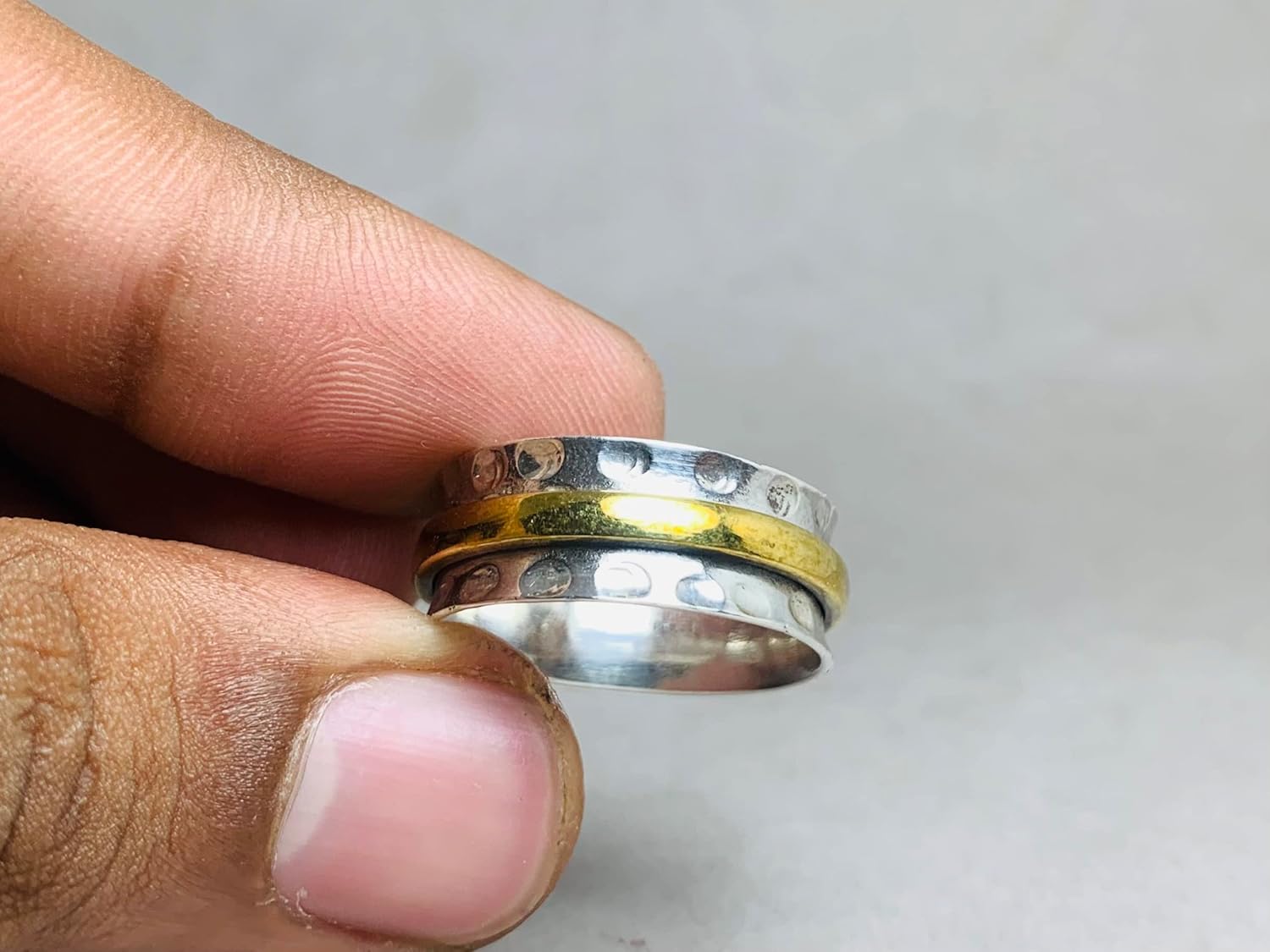 Hammered Spinner Ring 925 Sterling Silver Handmade Fidget Meditation Ring with Brass Band Silver Jewelry for Women