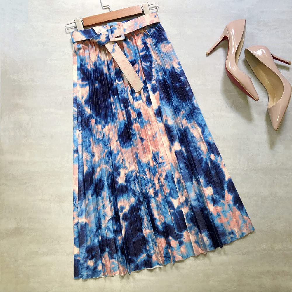 Falda para Mujer,Faldas Midi De Cintura Alta Tie Dye Acordeón Fruncido Verano Moda Casual Falda Plisada De Una Línea con Cinturón para Niña Fecha De Vacaciones Carnaval Fiesta De Bodas