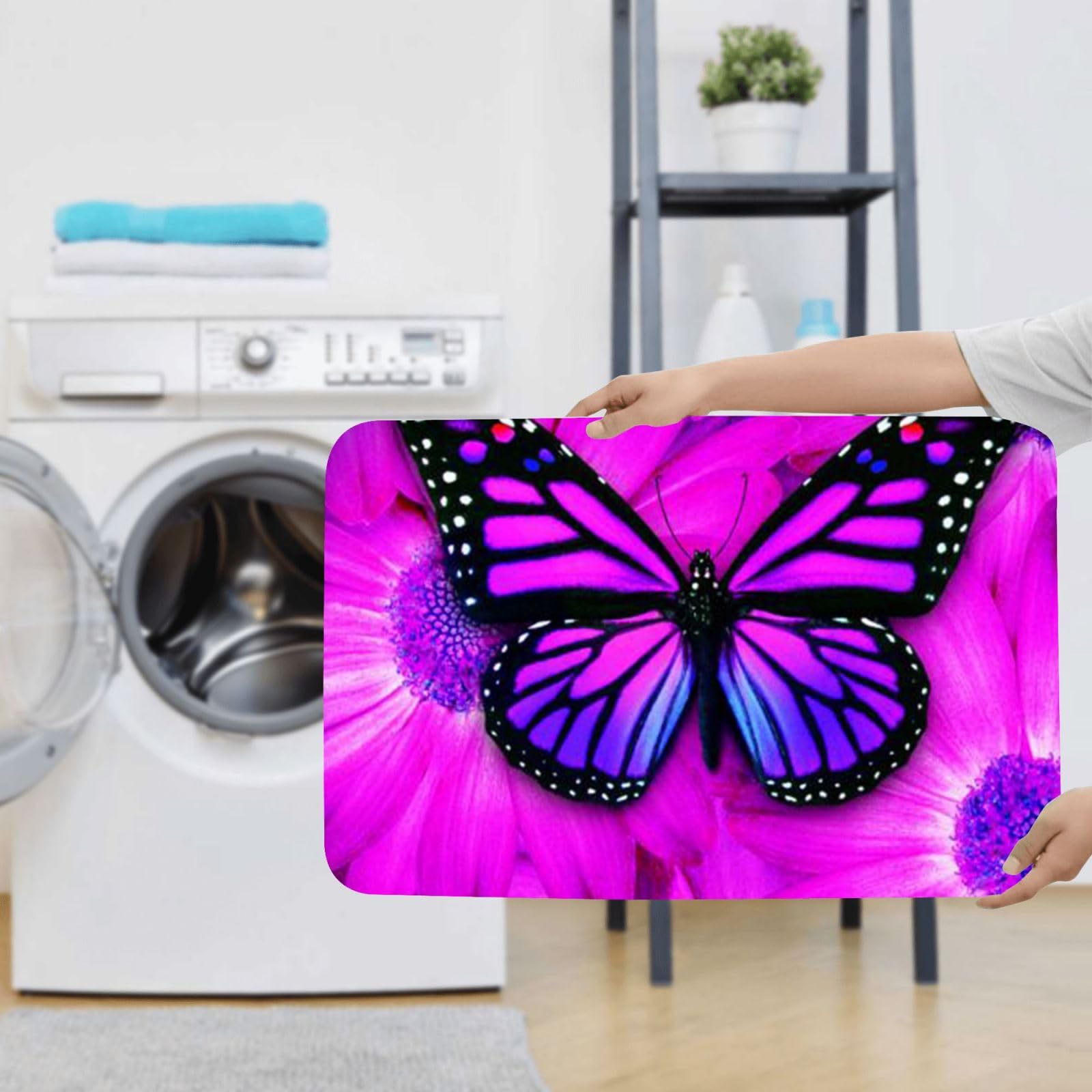 Badmat vlinder blauwe bloem badkamer mat 3-delige set wasbaar tapijt, 1 zachte toiletmat U sneldrogende badmat set 1 deurmat antislip (50 x 80