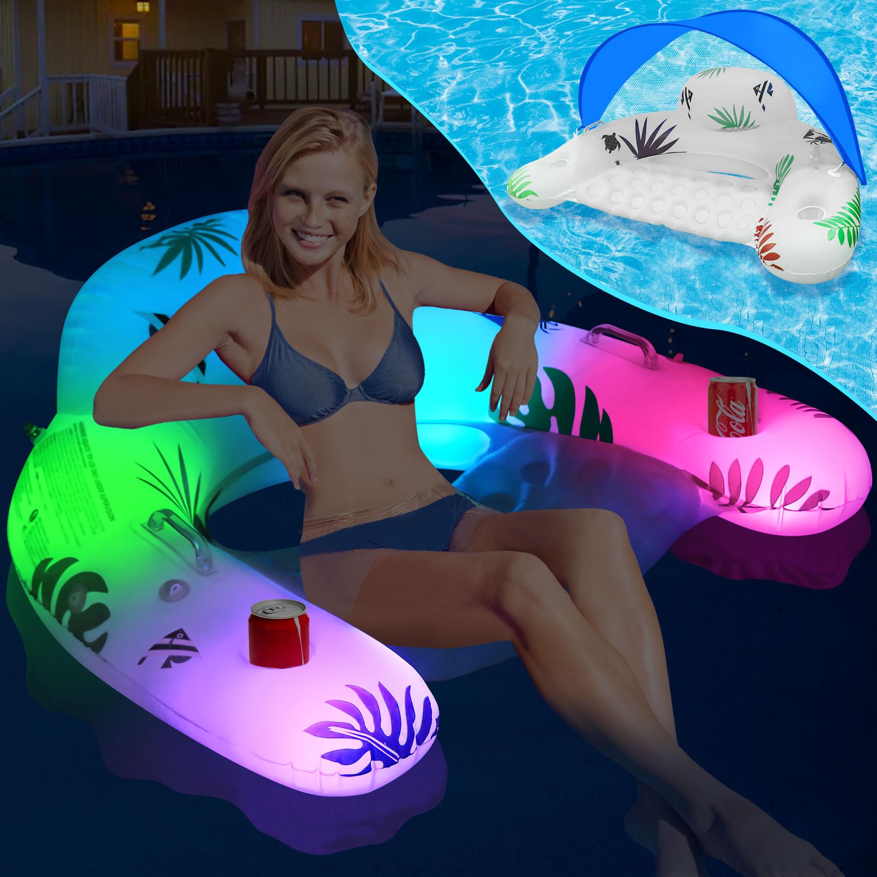 DeeprBling Flotador Piscina Adulto con Luces Solares Que Cambian de Color, Flotador de Agua con Sombrilla, 2 Portavasos y 2 Asas, Flotador Silla Adulto para Piscina, Flotador Hinchable Gigante