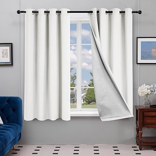 Deconovo Cortinas térmicas blancas para ventana de dormitorio, cortinas con revestimiento trasero plateado, paneles de bloqueo de luz para guardería