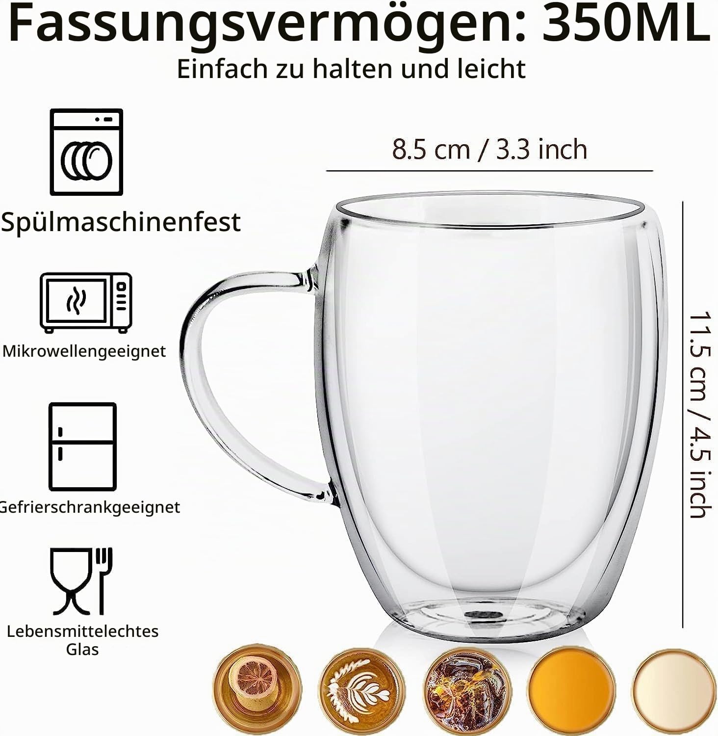 Doppelwandige Kaffeegläser, Set von 4 Cappuccino Latte Teetassen mit Griff, 350ml hitzebeständiger Thermobecher, für Heiße/Kalte Getränke, Spülmaschinenfest, Perfekt für Espresso