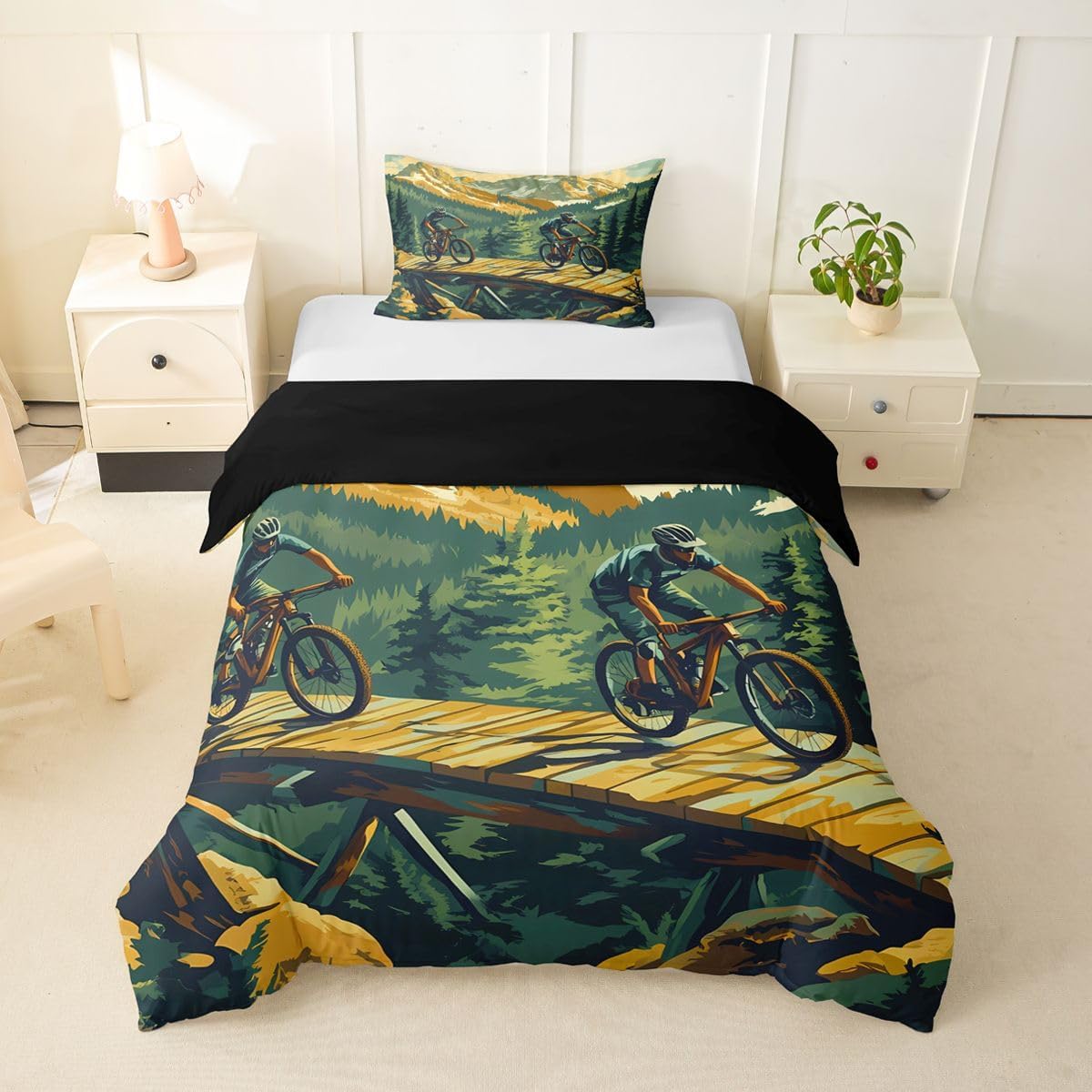 Castle Fairy Mountain Bike Bedding Sets Twin Size,Adventure Jungle Pine Trees Mountain Duvet Cover for Boys Men Adults,Cycling Extreme Sports Style Quilt Cover with 1 Pillowcase(No Comforter)