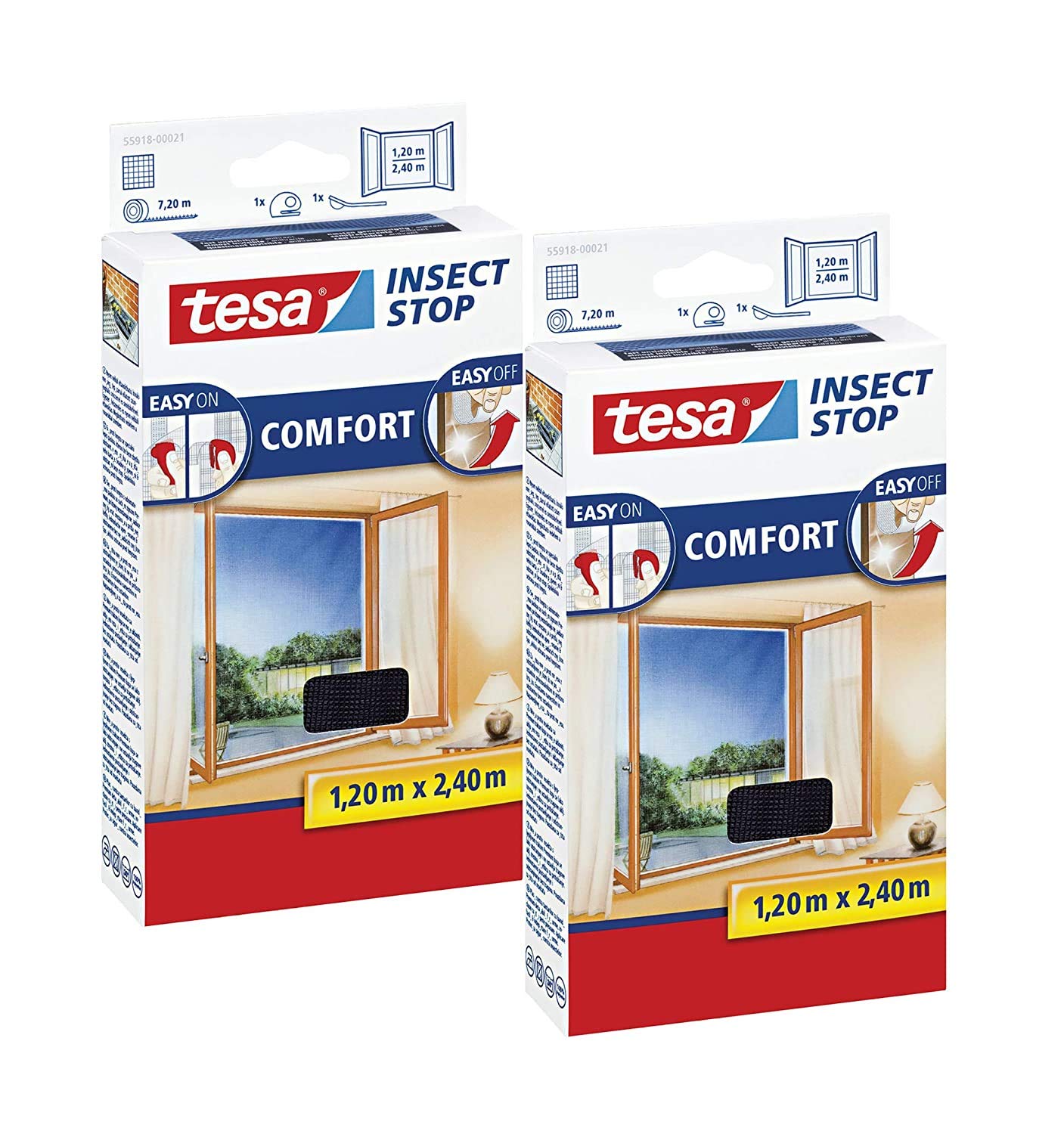 tesa Insect Stop Comfort Lot de 2 moustiquaires, autocollantes, sans perçage, pour fenêtre au sol, anthracite, transparent, 120 x 240 cm