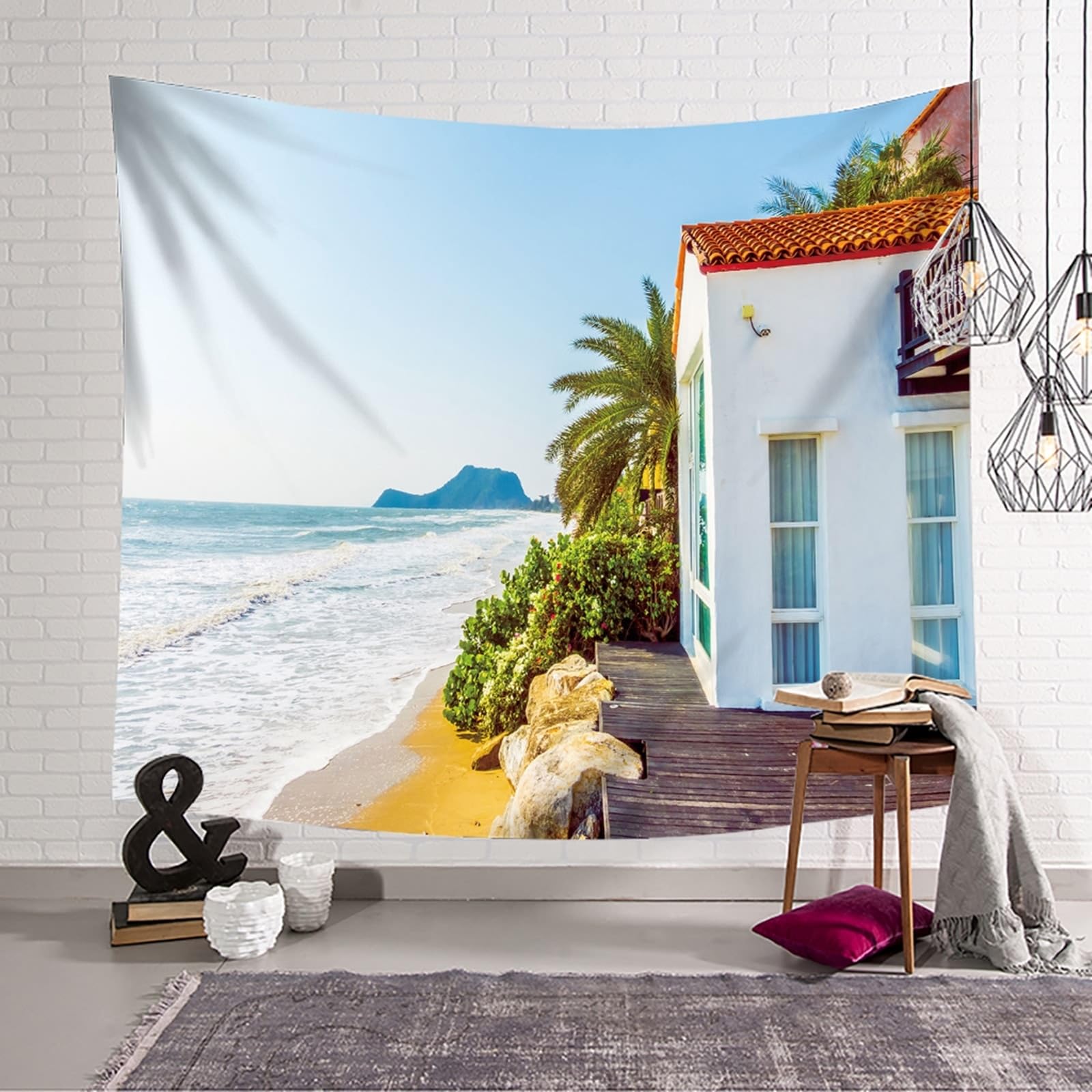 Wandtuch Landschaft Natur XXL, Wandteppich Meeresufer Villa Landschaft Wandteppiche XXL Polyester Accessoires für Wohnzimmer Wanddeko, Hellblau Grün, 300x256cm