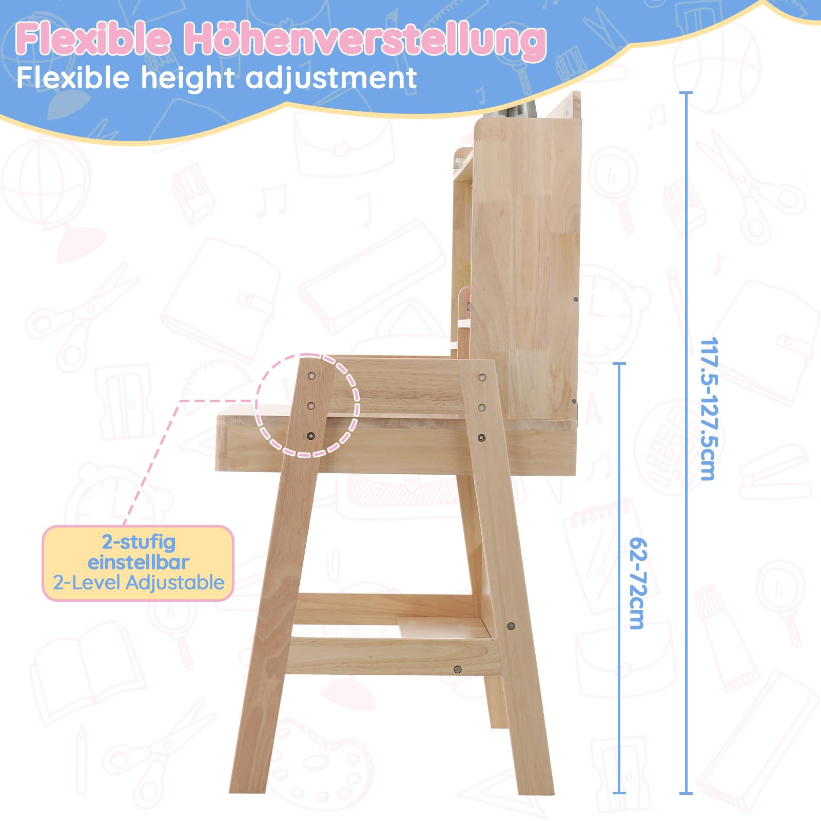 Mrwoo Kindertisch mit Stauraum, Schreibtisch Kinder mit 1 Schublade, Holzlatten Offene Regale mit LED-Lichtleiste & USB, Schülerschreibtisch für Kinder ab 6 Jahren (Natural - A)