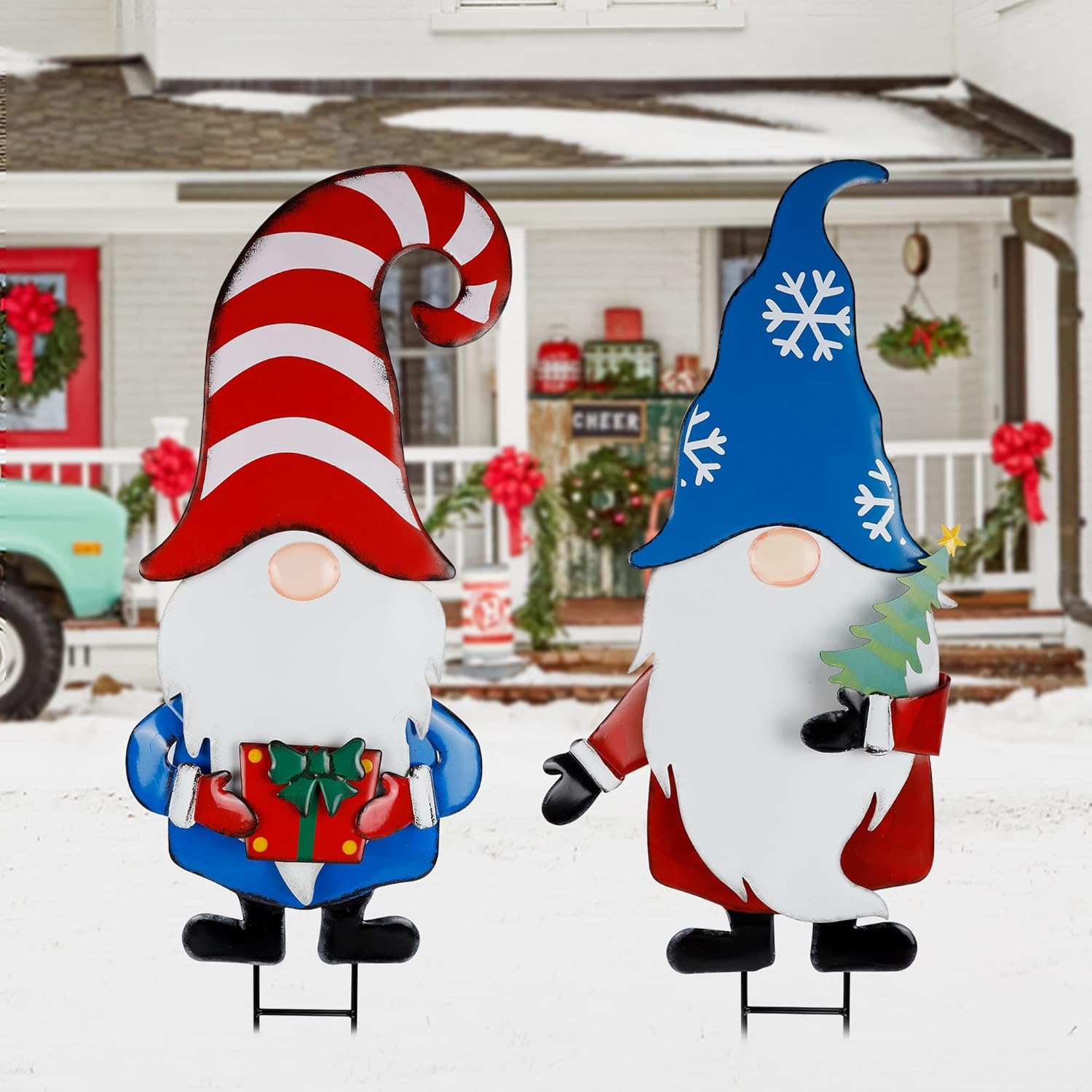 Hausse 2 Pack Garden Metal Gnome Stakes, 33 Inch Christmas Decorative Gnomes Stakes, Yard Signs for Outdoor Decorations, Holiday New Year Spring Home Tomte Decor for Lawn Pathway Patio - Image 6