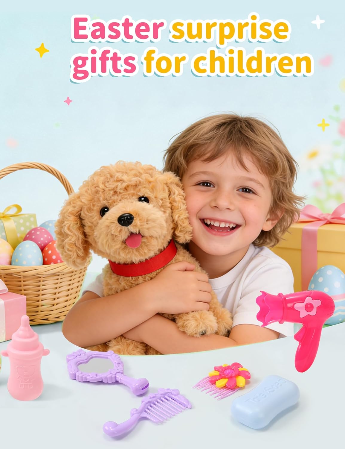 Cessfle Talking Walking Dog Toy with Remote Control Leash, Plush Interactive Toy Figures, Realistic Robot Dog Plush, Walks,Barks,Shake Tail,Music, Easter Basket Stuffers for Boy Girl 3 4 5 6 Year Old