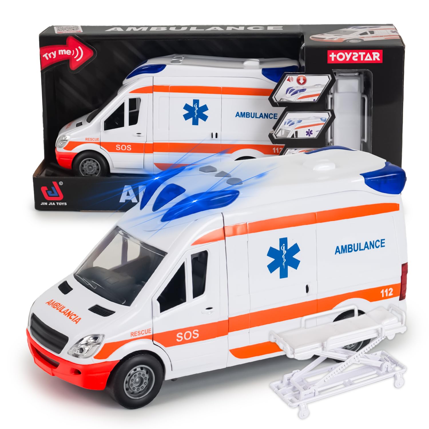 CELMAN Coche de Juguete médico Responder, camioneta de Rescate con Camilla, portón Trasero para Abrir, luz y Sonido, Gran Coche de Juguete Ambulancia para niños a Partir de 3, 4, 5, 6, 7, 8 años