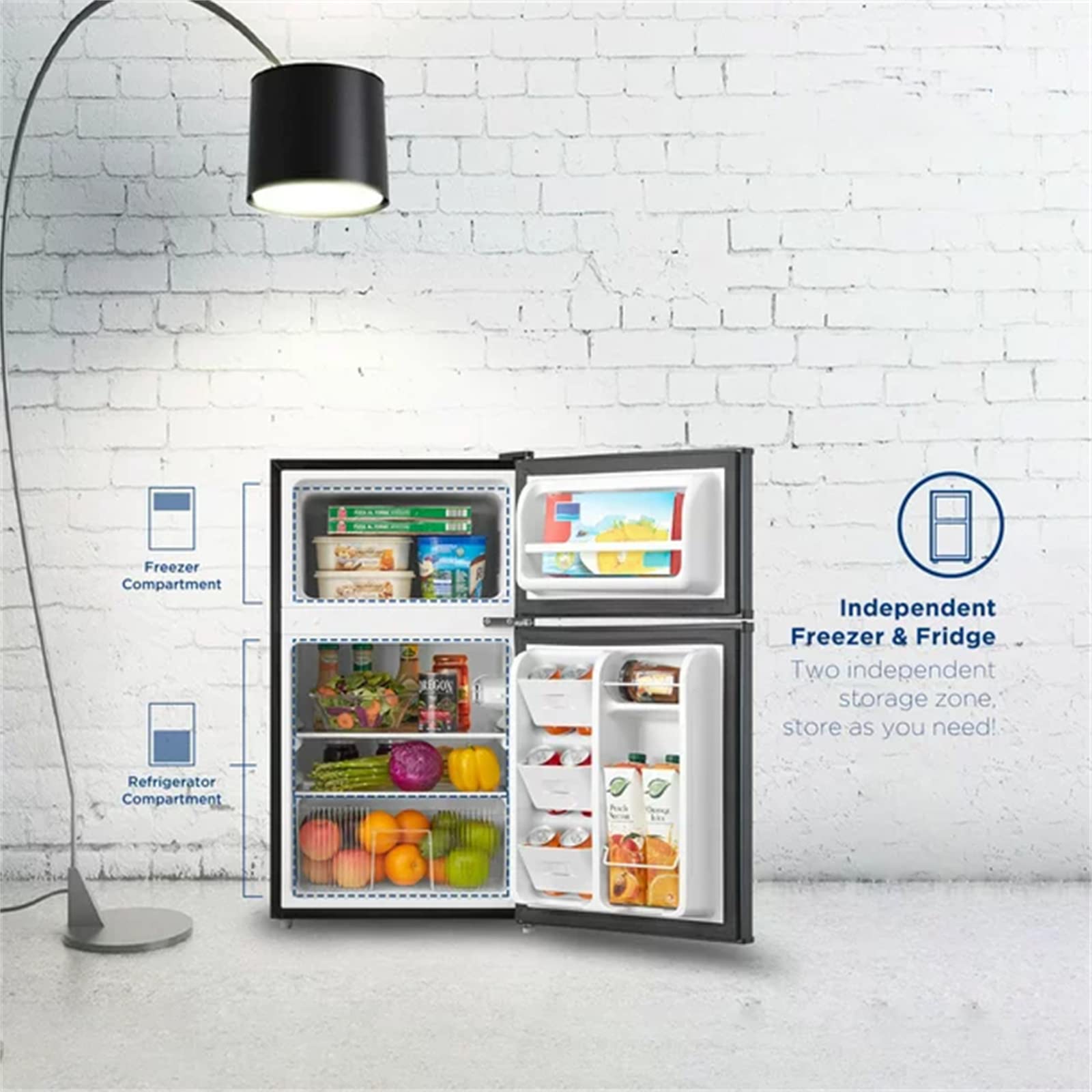 2 Door Mini Fridge, 3.2 Cu Ft Compact Refrigerator With Freezer For Dorm Apartment Drinks Snacks Cooling (Stainless Steel) on Fridge.com - View 5