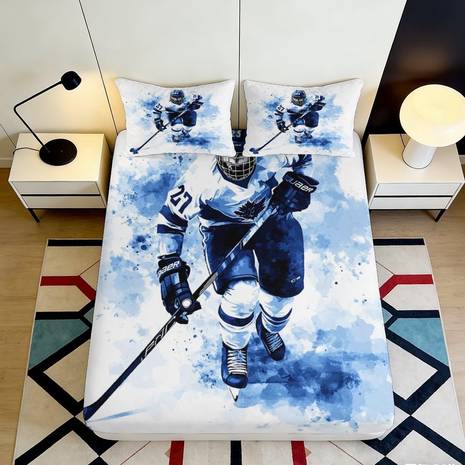 3D Printed Hockey Player Fitted Sheet Microfiber Blue Art Bed Sheet for Bedroom Dorm Mattress Decor 90x200x25cm