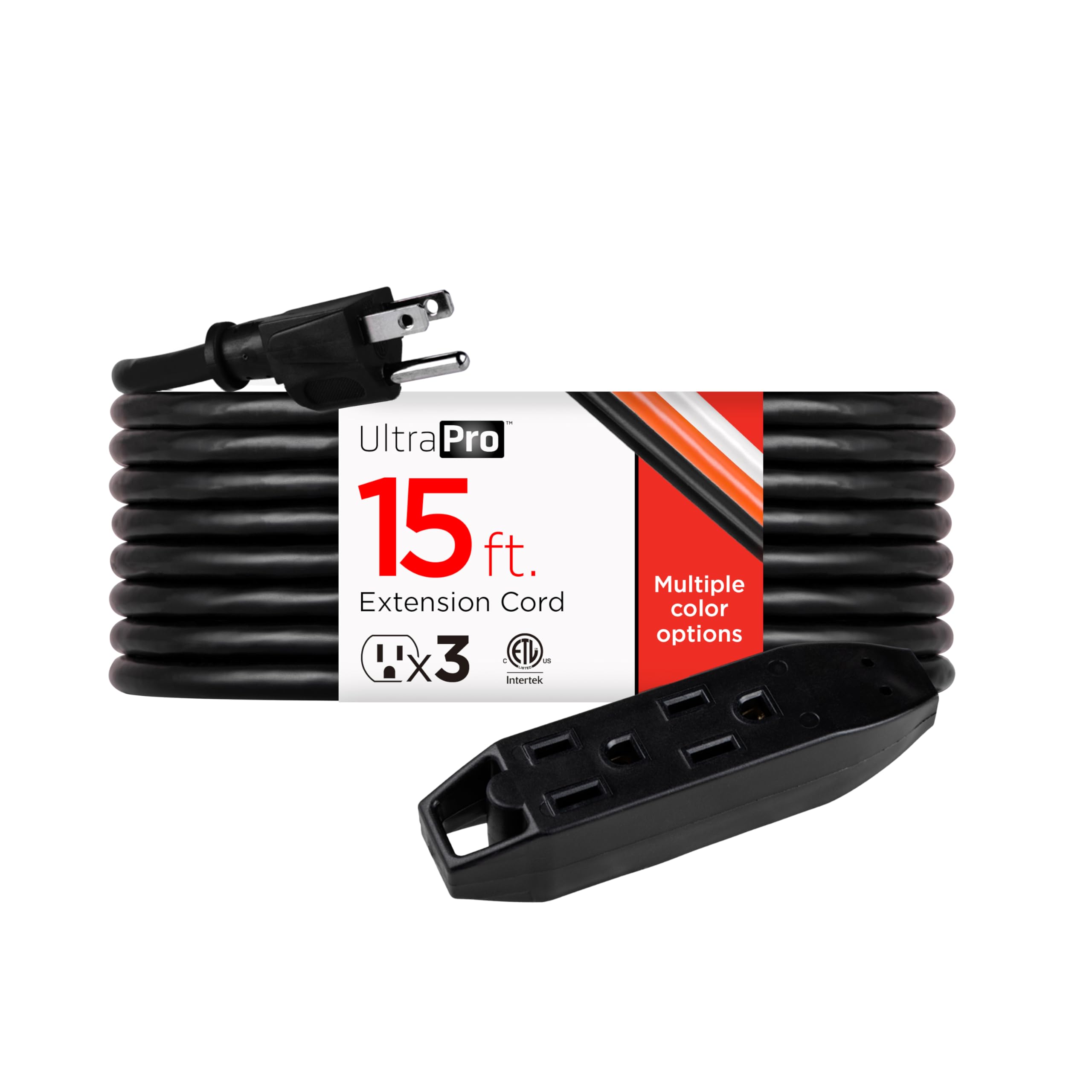UltraPro 15 Ft Indoor Extension Cord 3 Outlet Power Strip Long Extension Cord with Multiple Outlets Grounded Heavy Duty 16 Gauge ETL Listed Black 50786