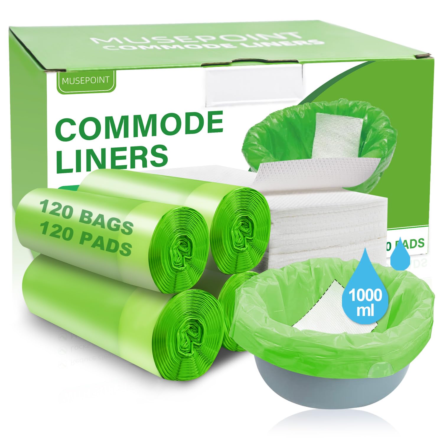 XUEPETT 120 Pack Commode Liners with 120 Super Absorbent Pads, Disposable Leakproof Bags for Bedside Commode, Universal Fit for Standard Toilet Chair