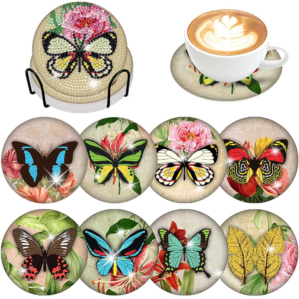 Multicolor 8Pcs Diamond Painting Art Coaster Kit Special Shape Acrylic Diamond Painting Diy Coaster Owl With Holder Diamond Painting Crafts Coaster Red Rose Crystal Lotus For Coffee Table Bar Mugs Glass Cup Beer