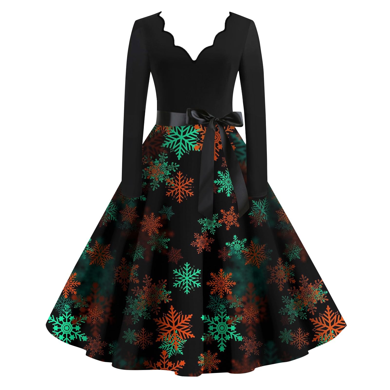 QI_LIANG Falda Hepburn para Mujer, Falda Informal con Cuello en V y Manga Larga con Estampado navideño, Vestido Elegante y Ajustado Retro