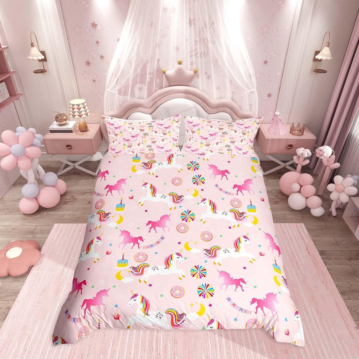 Homemissing Donuts Unicorn Duvet Cover Set King Size For Kids Boys Girls Teens Pink Animals Unicorn Bedding Set Chocolate Doughnut Duvet Cover with 2 Pillowcases — image 1