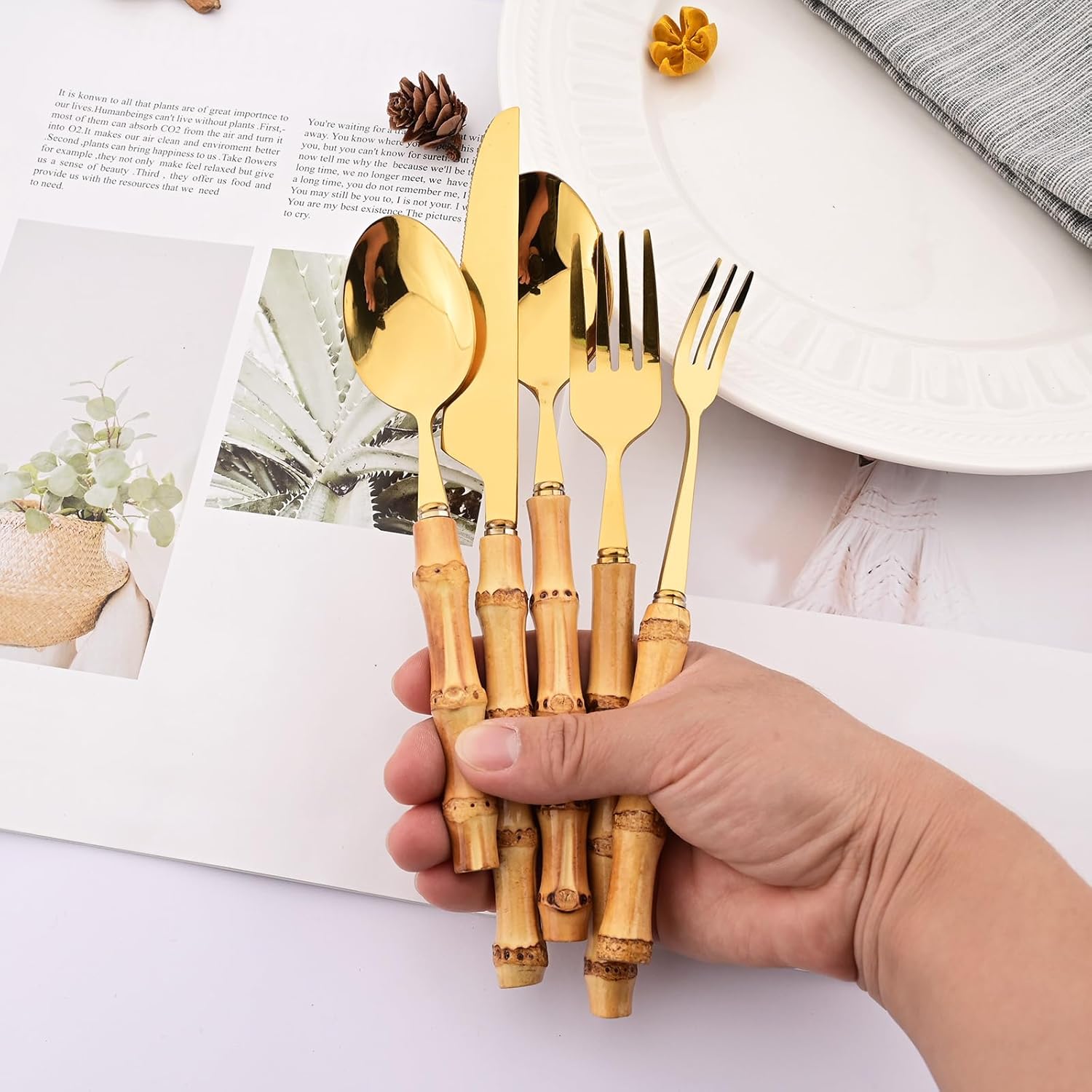 Gold Stainless Steel Flatware with Bamboo Handle, JANKNG Silverware Set Include Knives Forks Spoons Use for Kitchen Restaurant and Party, Mirror Polished Cutlery, 24pcs Service for 6