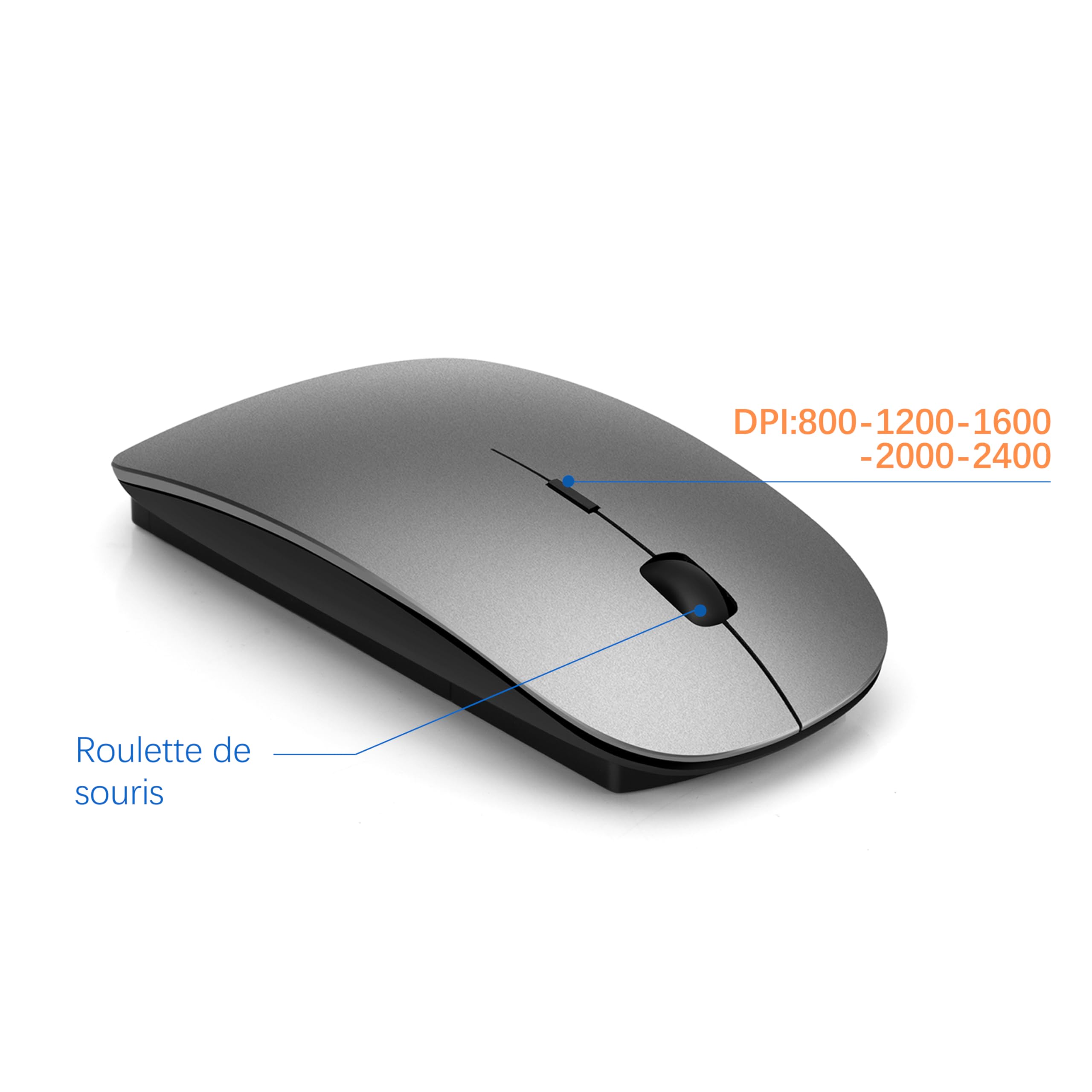 TopMate Ensemble Clavier et Souris sans Fil Ultra-Mince, 2.4G Silent Compact Clavier de Souris 2400DPI Pleine Taille, Clavier avec Couvercle, Piles 2 AA et AAA, pour PC/Laptop/Windows/Mac - Gris Noir