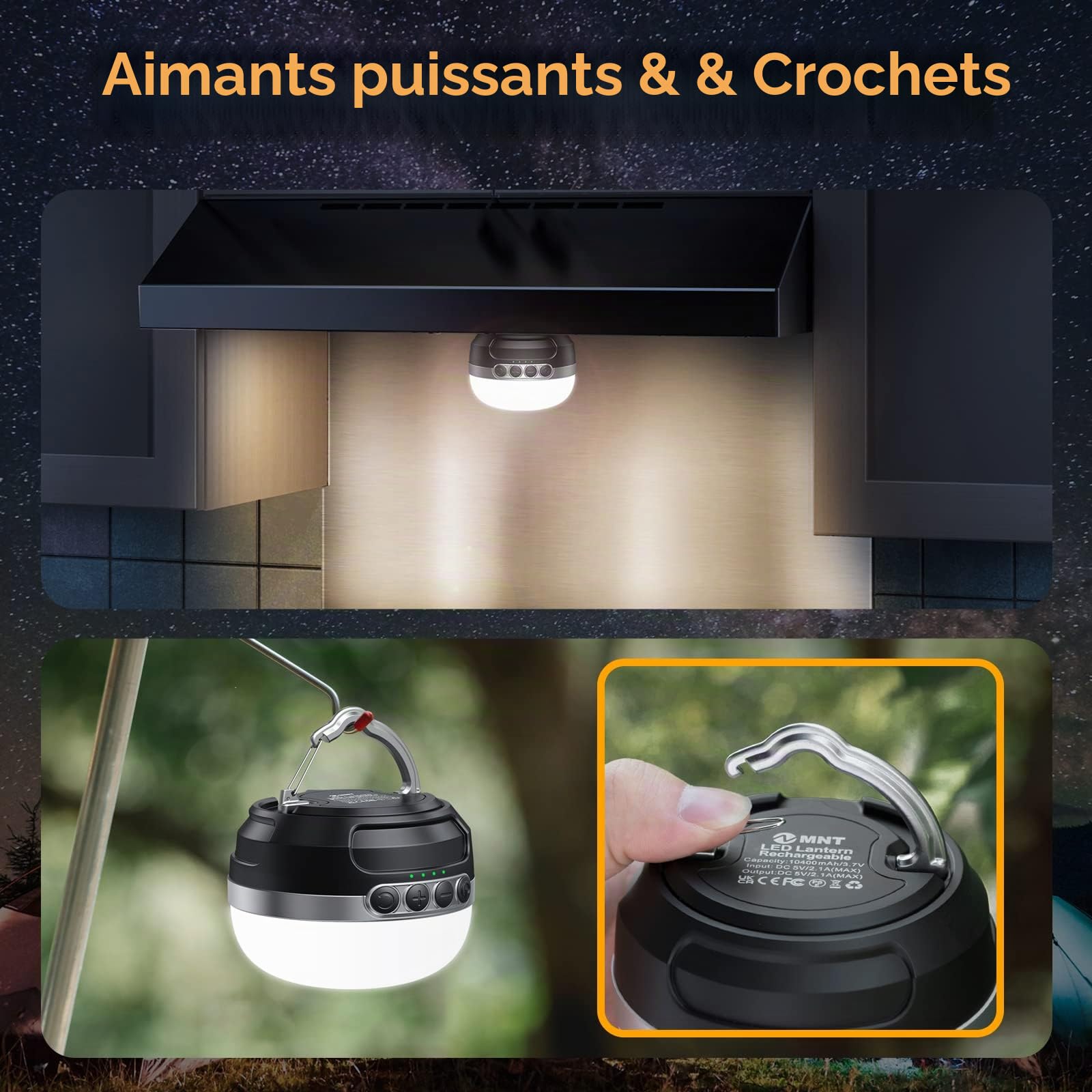 Lampe de camping LED 10400 mAh rechargeable avec batterie RVB - Plusieurs variations de couleurs - Intensité variable en continu - Lampe d'aspiration magnétique pour maison, camping, randonnée