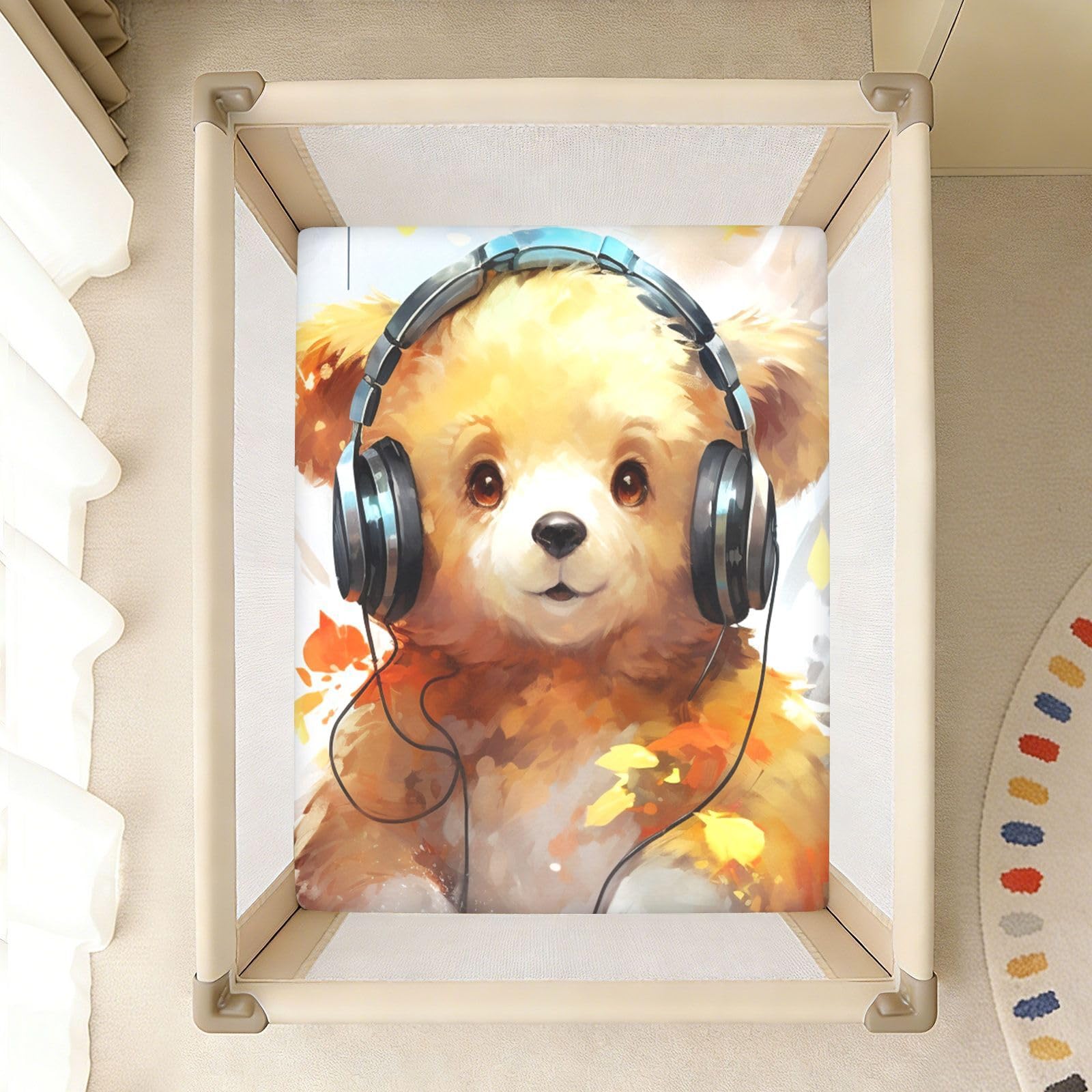 Arte Abstracto De La MúSica del Oso Sábana de Cuna para Niños Pequeños,Sábanas de Algodón Suave para Bebés Aptas para Colchón Corralito