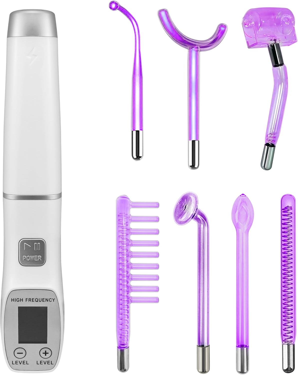 High Frequency Electrotherapy Wand with Display Multifunctional Portable Handheld Light Therapy Stick for Acne Skin Rejuvenation Hair Growth Facial Device White Digital Handle with 7 Tubes Purple