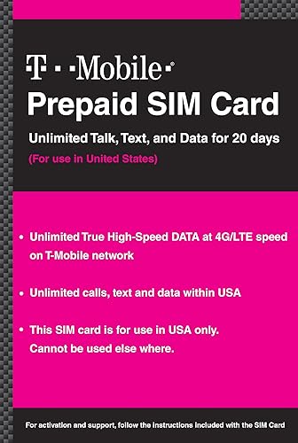 T-Mobile Tarjeta SIM prepagada ilimitada de llamadas, mensajes de texto y datos en Estados Unidos durante 20 días