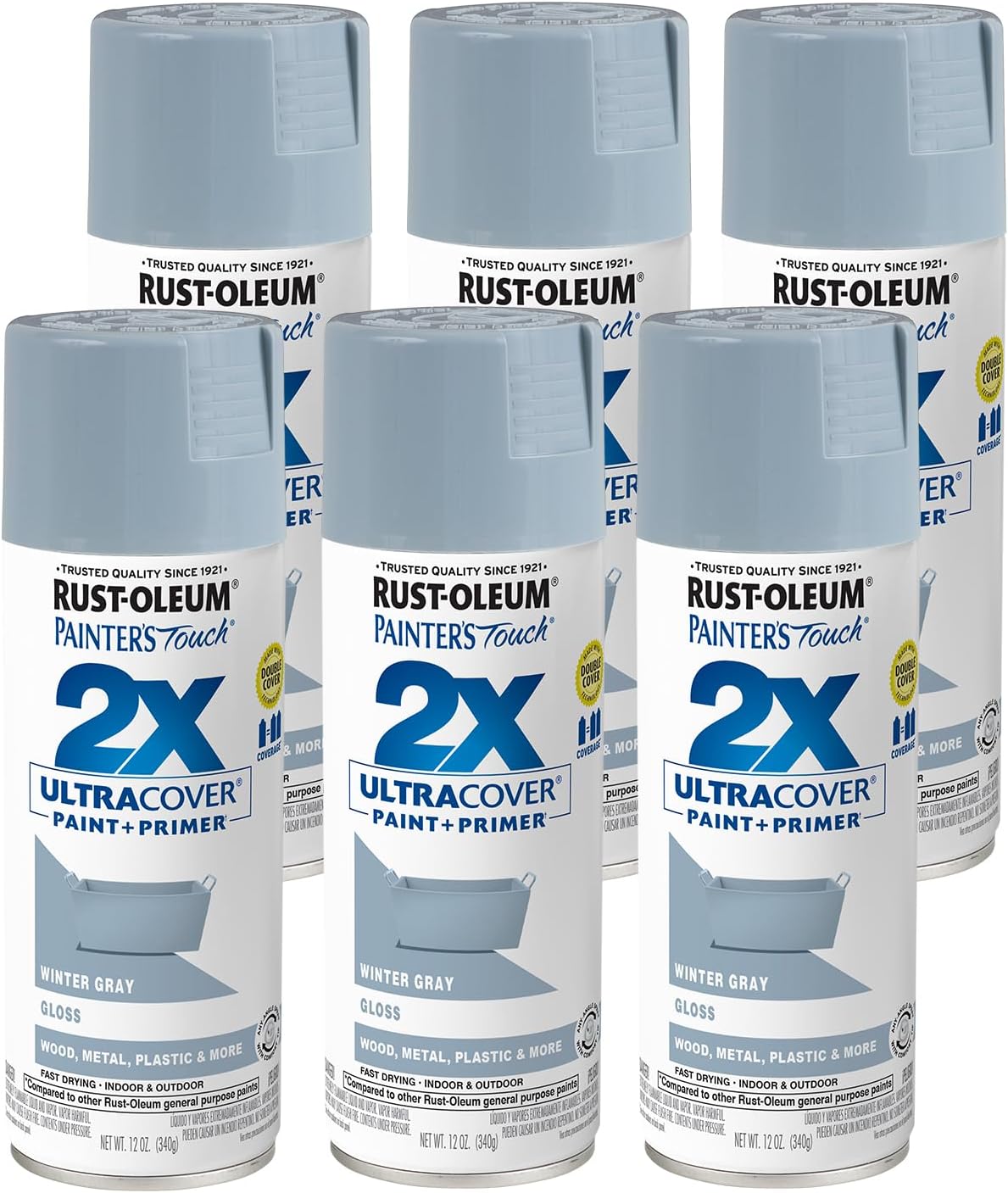 Rust-Oleum 249089-6PK Painter's Touch 2X Ultra Cover Spray Paint, 12 oz, Gloss Winter Gray, 6 Pack