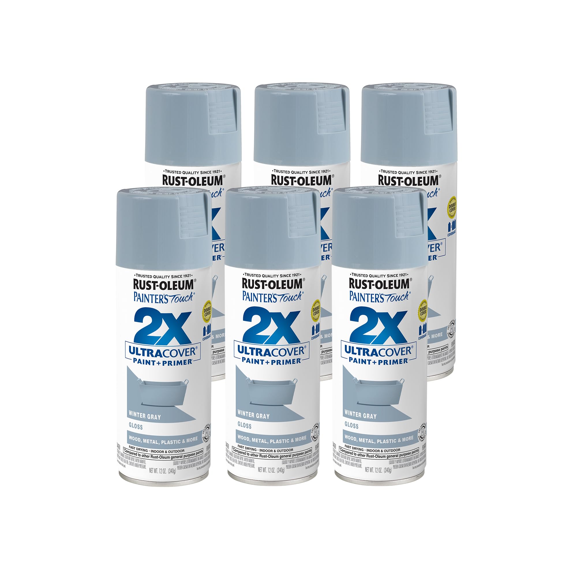Rust-Oleum 334049-6PK Painter's Touch 2X Ultra Cover Spray Paint, 12 oz, Gloss Winter Gray, 6 Pack