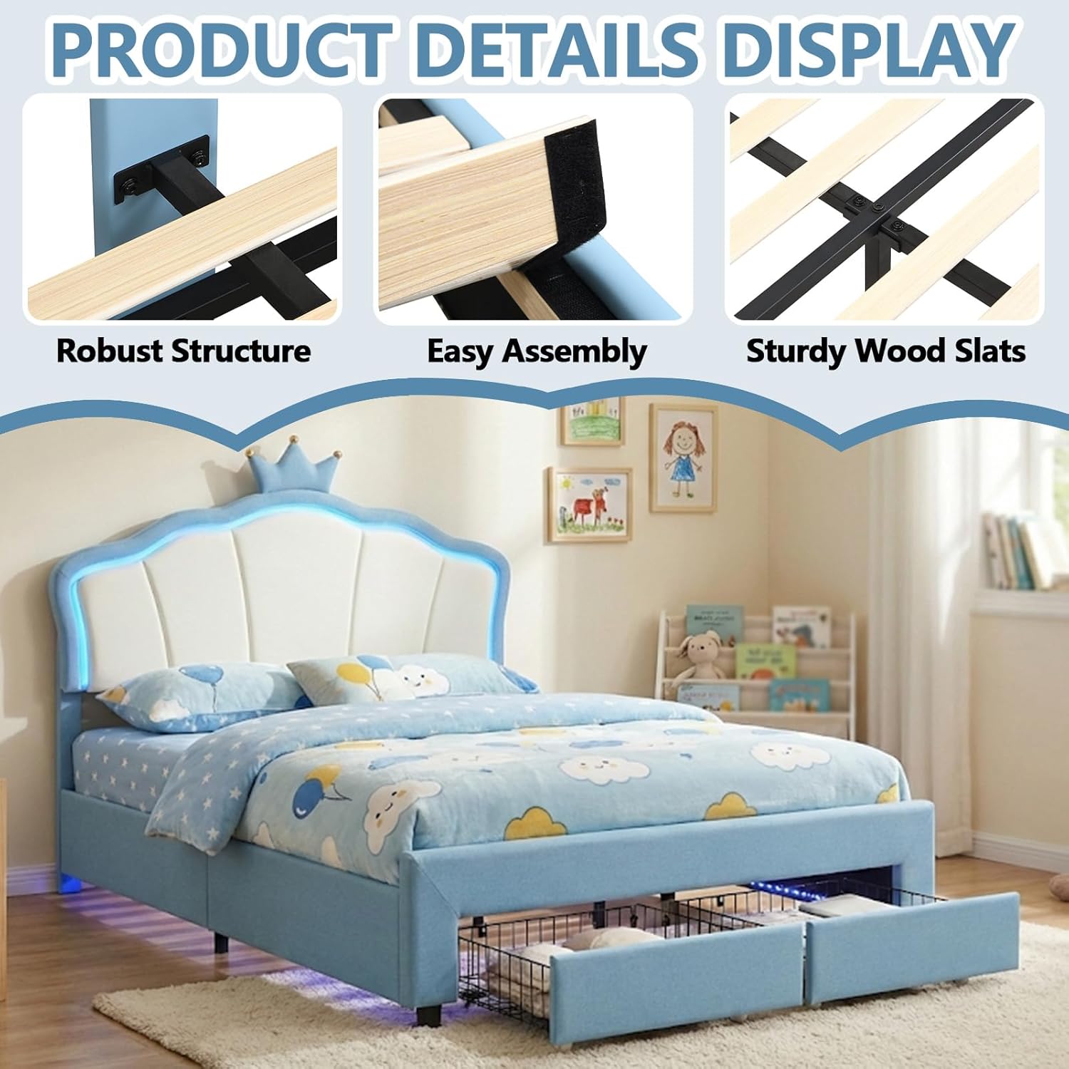 Full Size Upholstered Platform Bed Frame and Cute Princess Bed Frame for Girls, Kids: Adjustable Crown Headboard, Storage Drawer and LED Lights, No Box Spring Needed, Easy Assembly (Blue, Full)