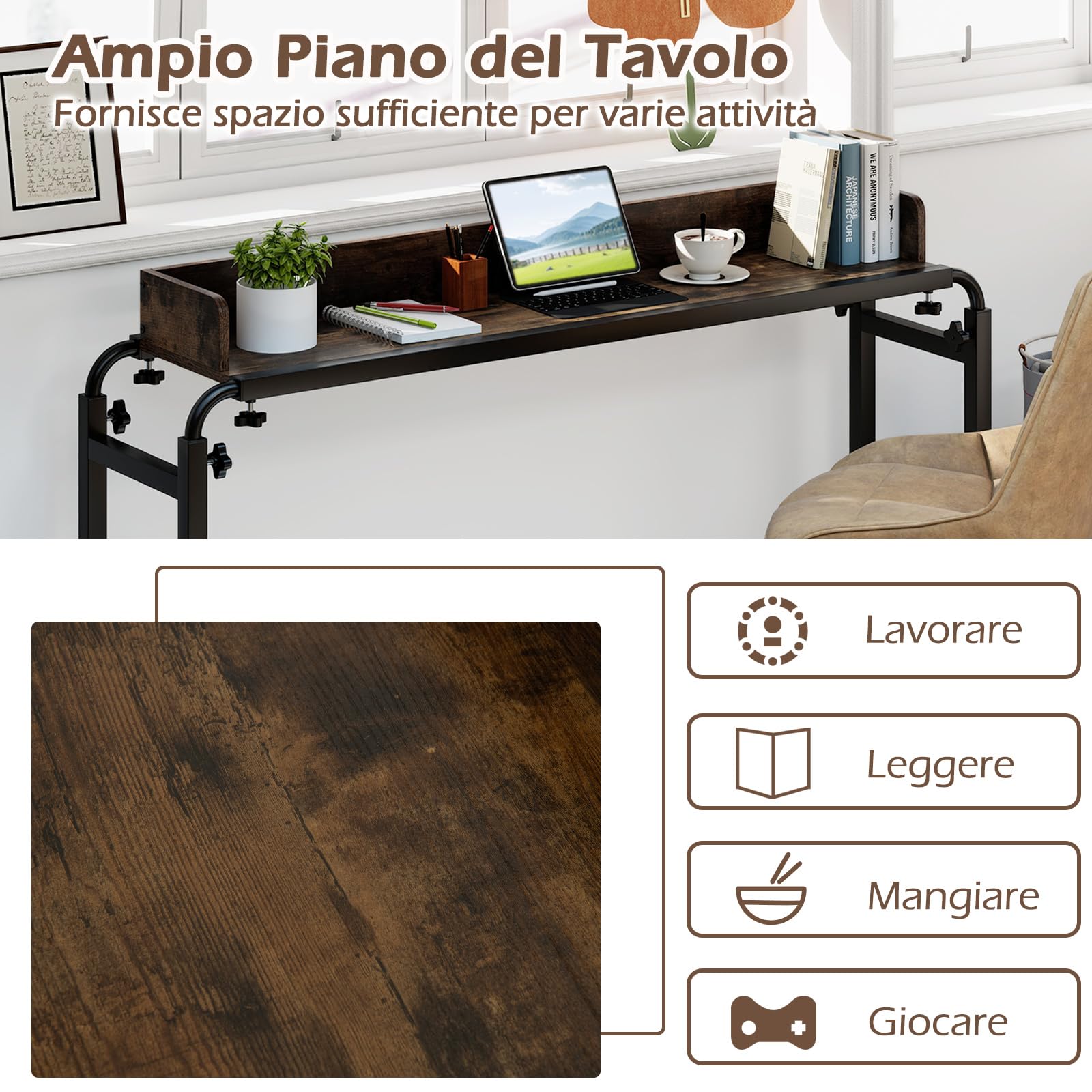 COSTWAY Scrivania da Letto con Ruote, Tavolino da Letto Salvaspazio con Altezza e Lunghezza Regolabili, Telaio in Metallo, Scrivania Portatile per Camera da Letto, Soggiorno e Ospedale (Marrone)
